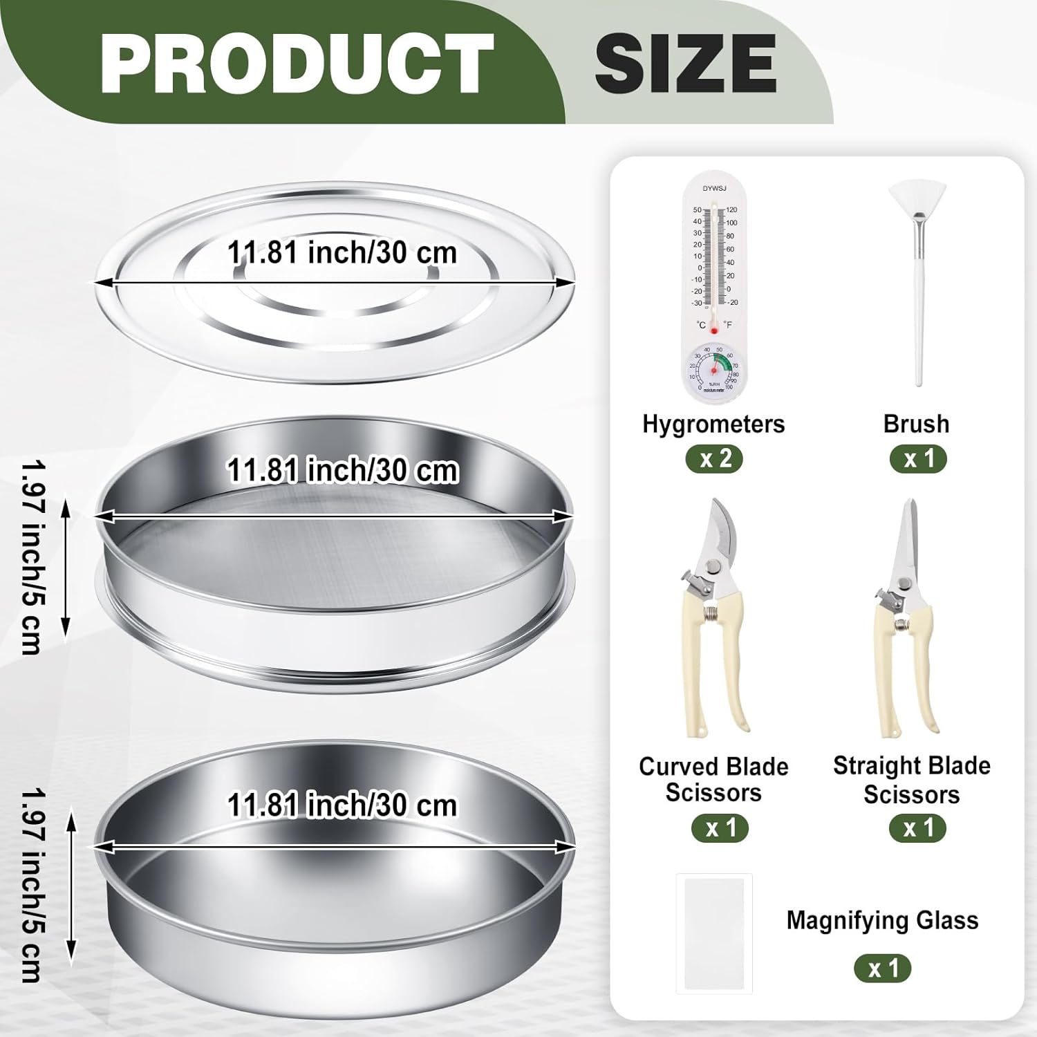 9 Pcs Trim Tray Kit Stainless Steel Trimming Tray with 150 Micrometer Fine Mesh Screen, Bottom Harvest Trim Bin, Trimming Scissors, Mini Hygrometers Magnifying Plastic Scraper and Brush