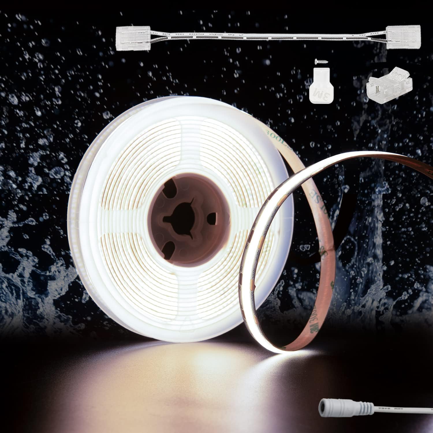PAUTIX COB LED Strip 6000K Daylight White IP65 Waterproof DC24V 6M 3024LEDs CRI93+ LED Tape Super Bright Light for Kitchen DIY Lighting Project with 8mm cob Strip Connector(Power Supply Not Included)