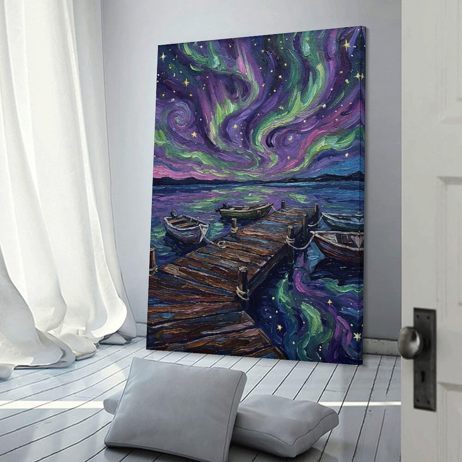 Junmoney Aurora Borealis Over Docked Boats Wall Picture Print, 20x30inch(50x75cm), for Art Walls, Layered Displays Or Homes, Home Wall Art for Statement Displays