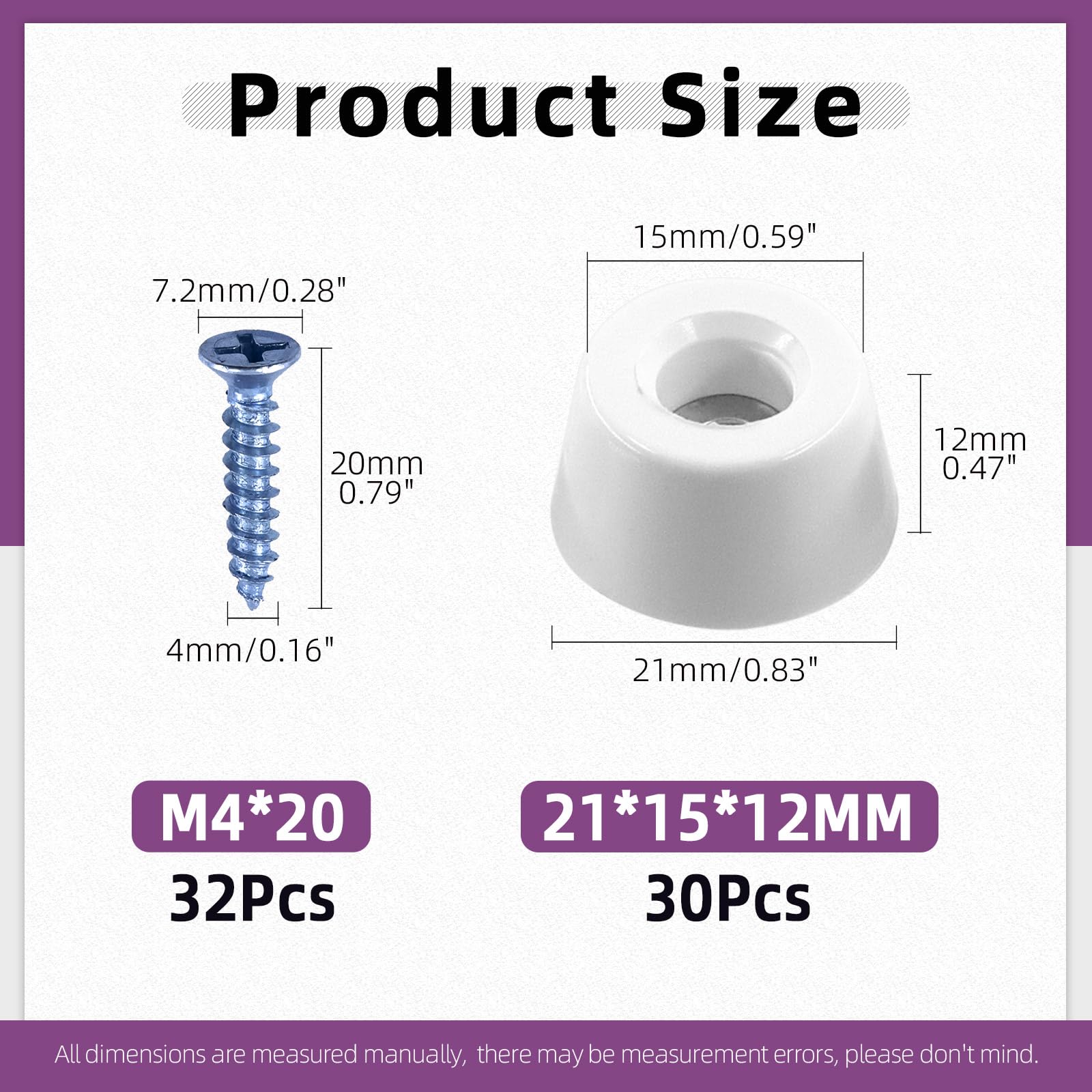 Swpeet 30pcs 0.82 x 0.59 x 0.47 Inch White Round Rubber Feet Pads with 32pcs M4×20mm Screws - Image 2