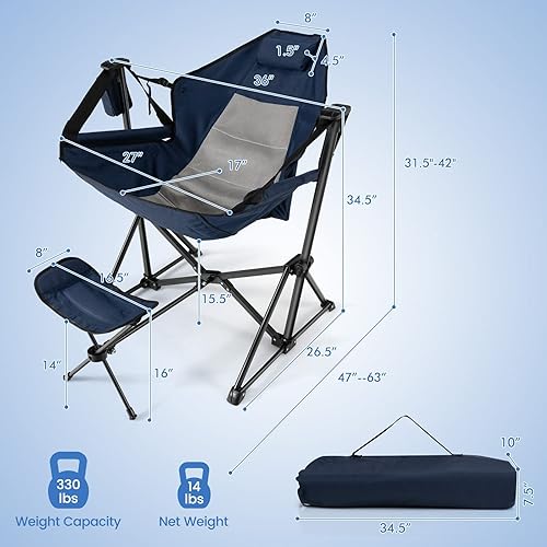 Miniatura 7 de DORTALA Sillas hamacas oscilantes para campamento, silla de campamento mecedora con reposapiés retráctil, silla de camping plegable para adultos,