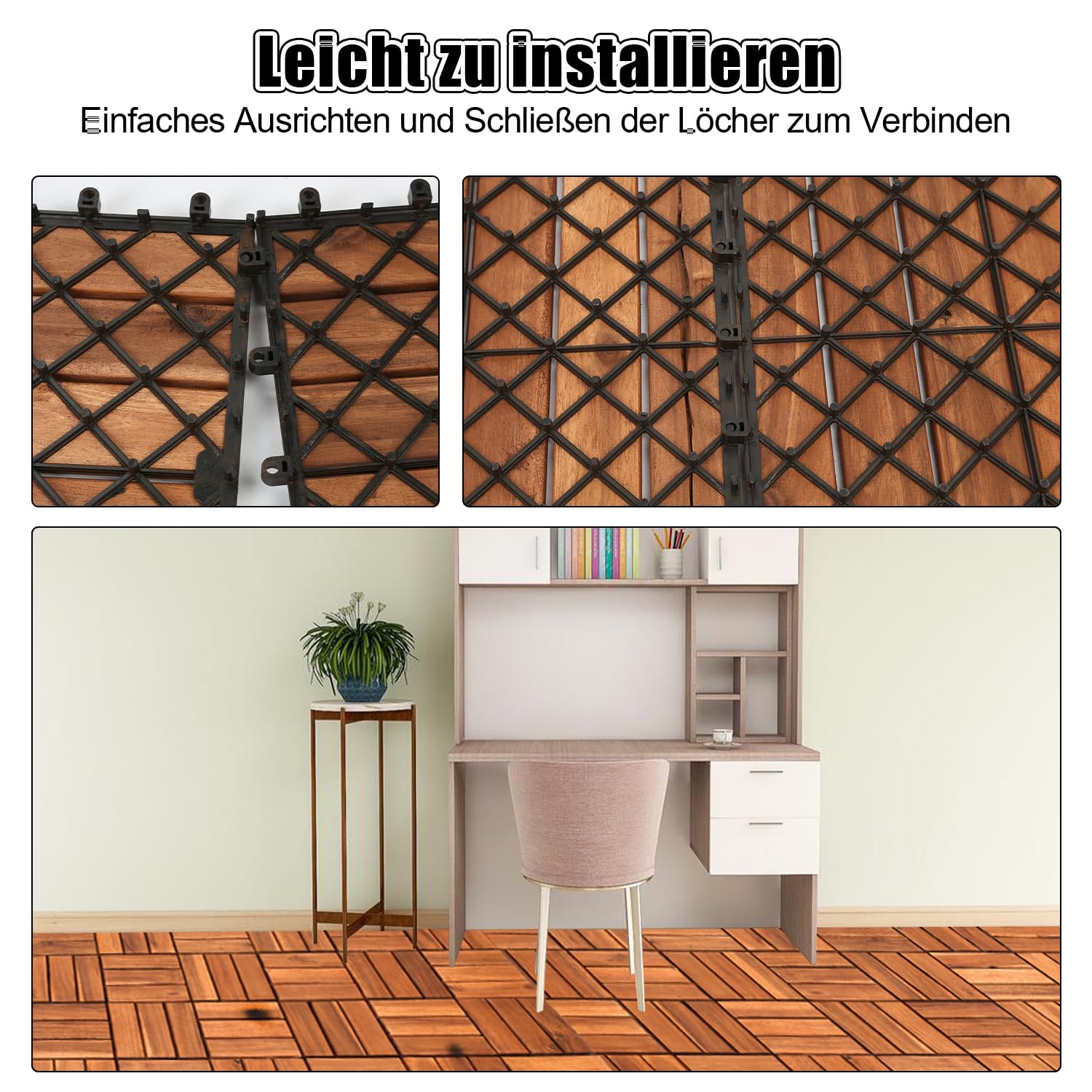 Piastrelle in legno di acacia, 30 x 30 cm, 55 pezzi, 5 ㎡, per balcone, piastrelle a clic, mosaico per giardino, patio, resistente alle intemperie (6 listelli)