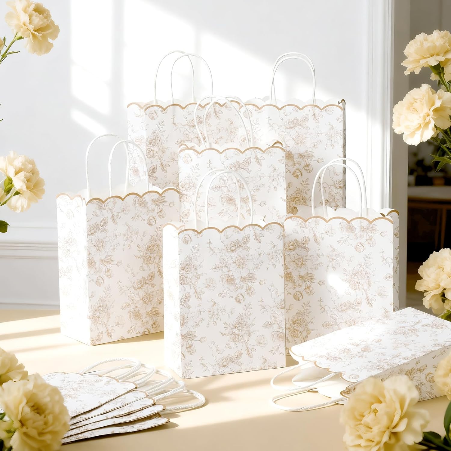 Kolldenn 24 Pcs Beige Floral Party Favor Bags with Handles Scalloped Wildflower Goodie Candy Gift Treat Bags for Birthday Decoration for Bridal Baby Shower Party Supplies - Image 3