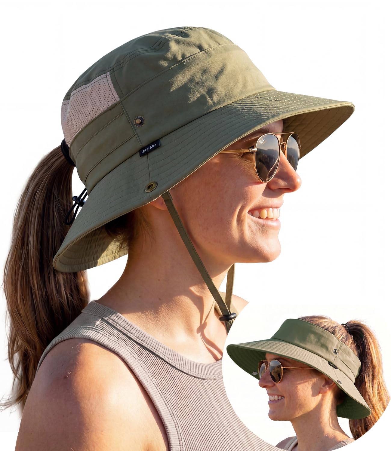 Creekstone Women's Olive Green 2-In-1 Bucket Sun Hats, Sun Visor Hat, Upf 50+ Wide Brim, Ponytail-Friendly, Packable, Hiking Outdoor (Uk, Alpha, One Size, )