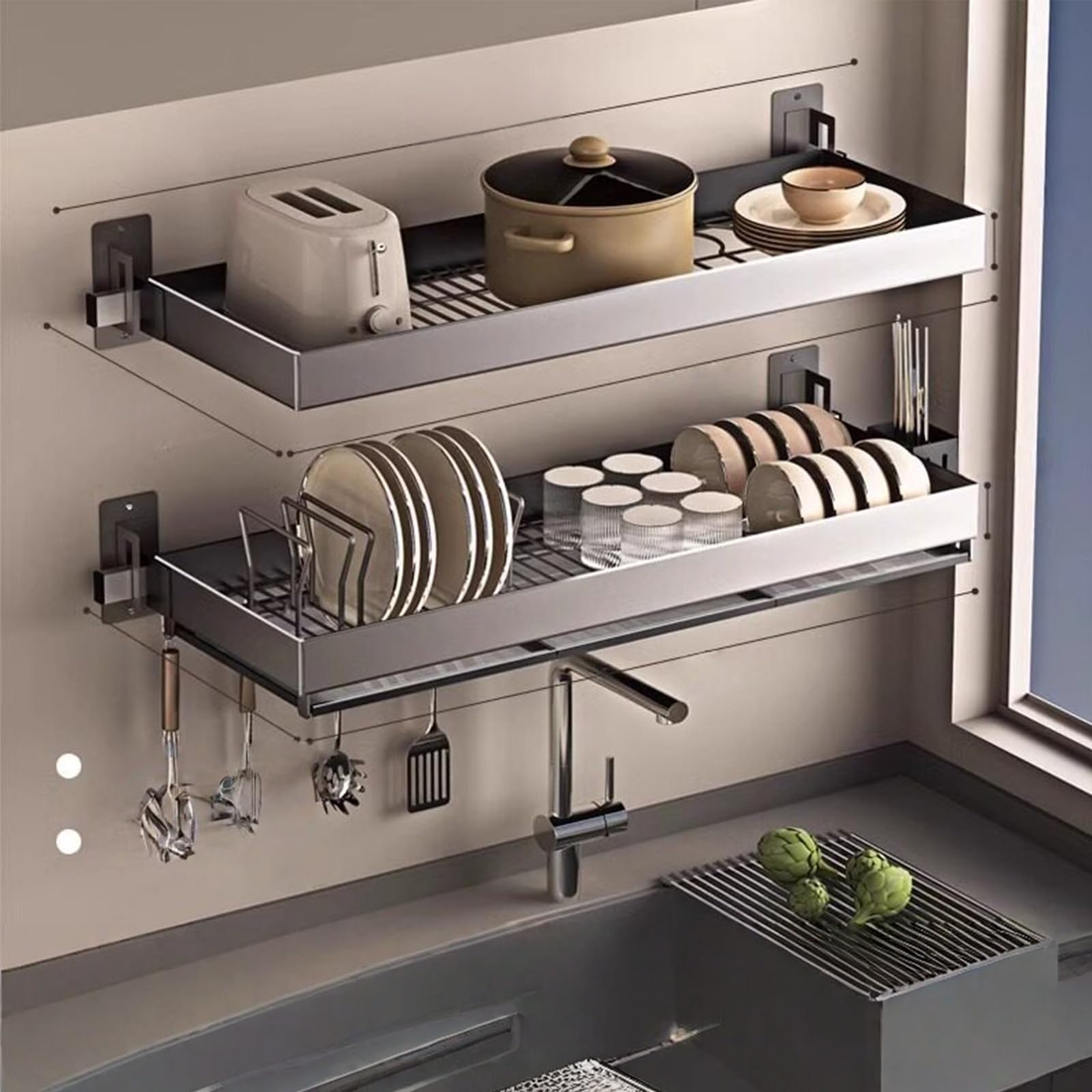 Escurridor de Platos para Pared, Organizador de Cocina en Acero | Acero inoxidable, montaje en pared, ahorro de espacio, secado rápido(Gray 2,95cm/37.4in)