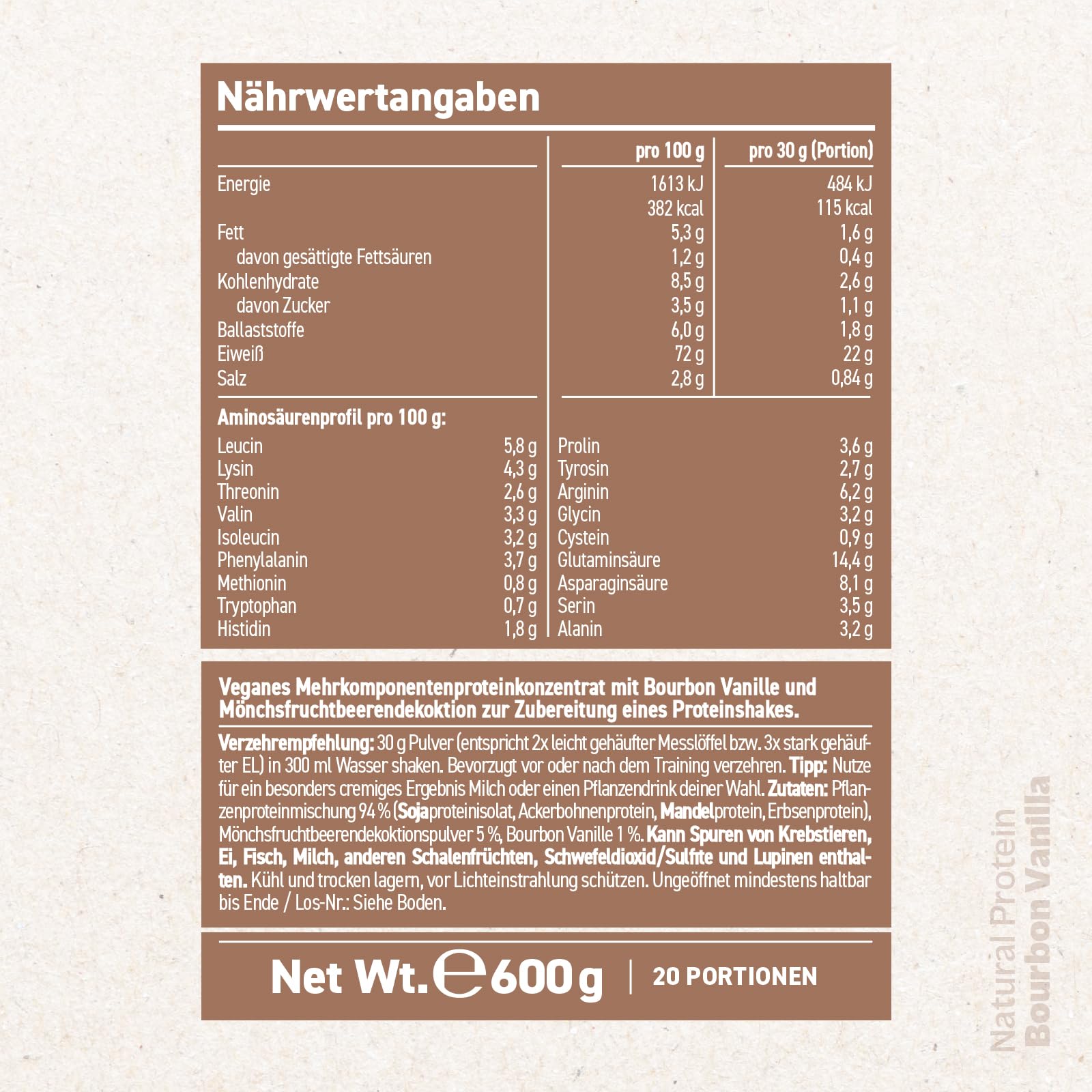 Rocka Nutrition Natural Protein – Veganes Proteinpulver ohne Süßungsmittel – 22g Protein – Clean Pflanzenprotein ohne Zuckerzusatz & Aromen - Produziert in Deutschland – Bourbon Vanilla 600g