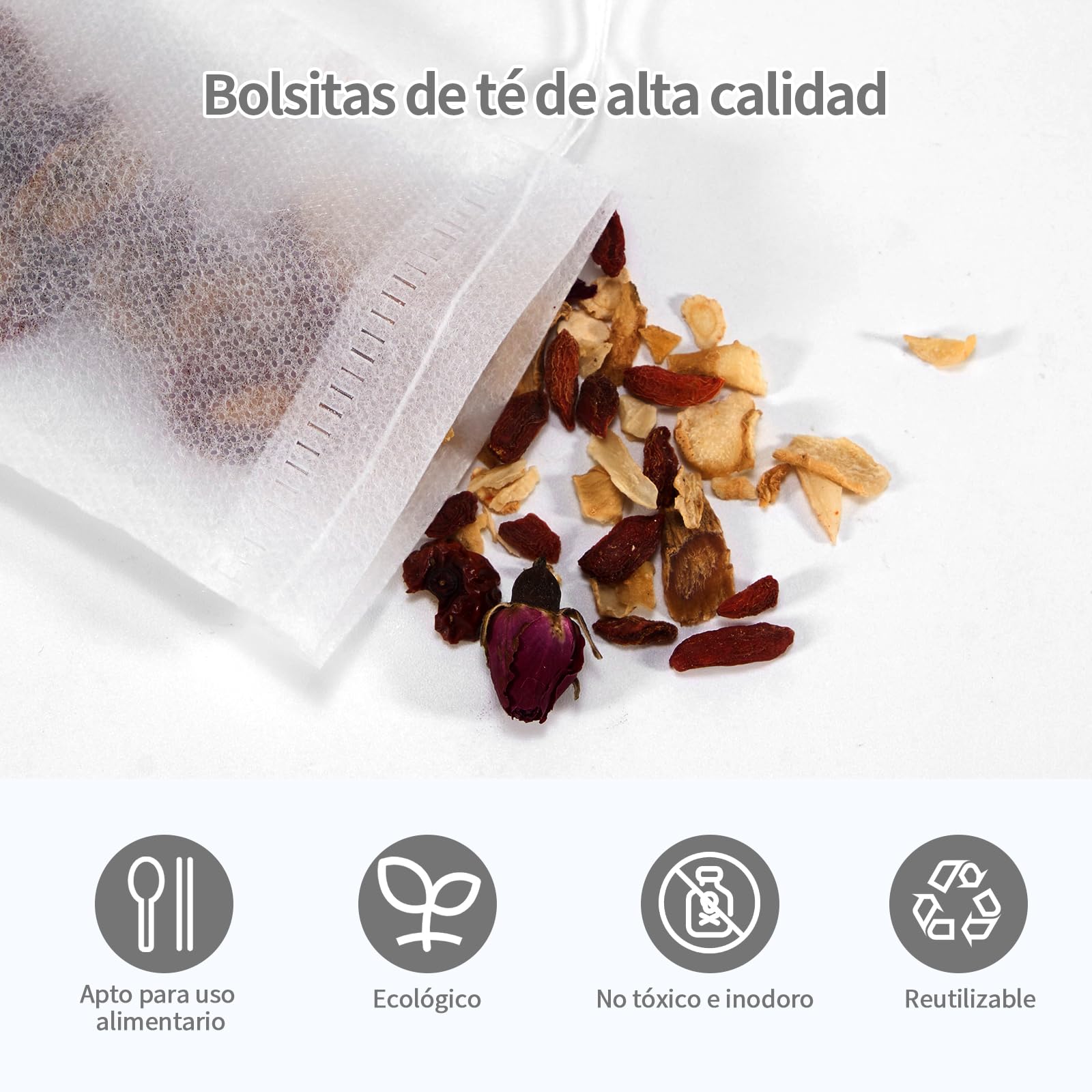 Bolsitas de Té Desechables para Rellenar con Cordón de Cierre 7 x 9 cm, Blanco
