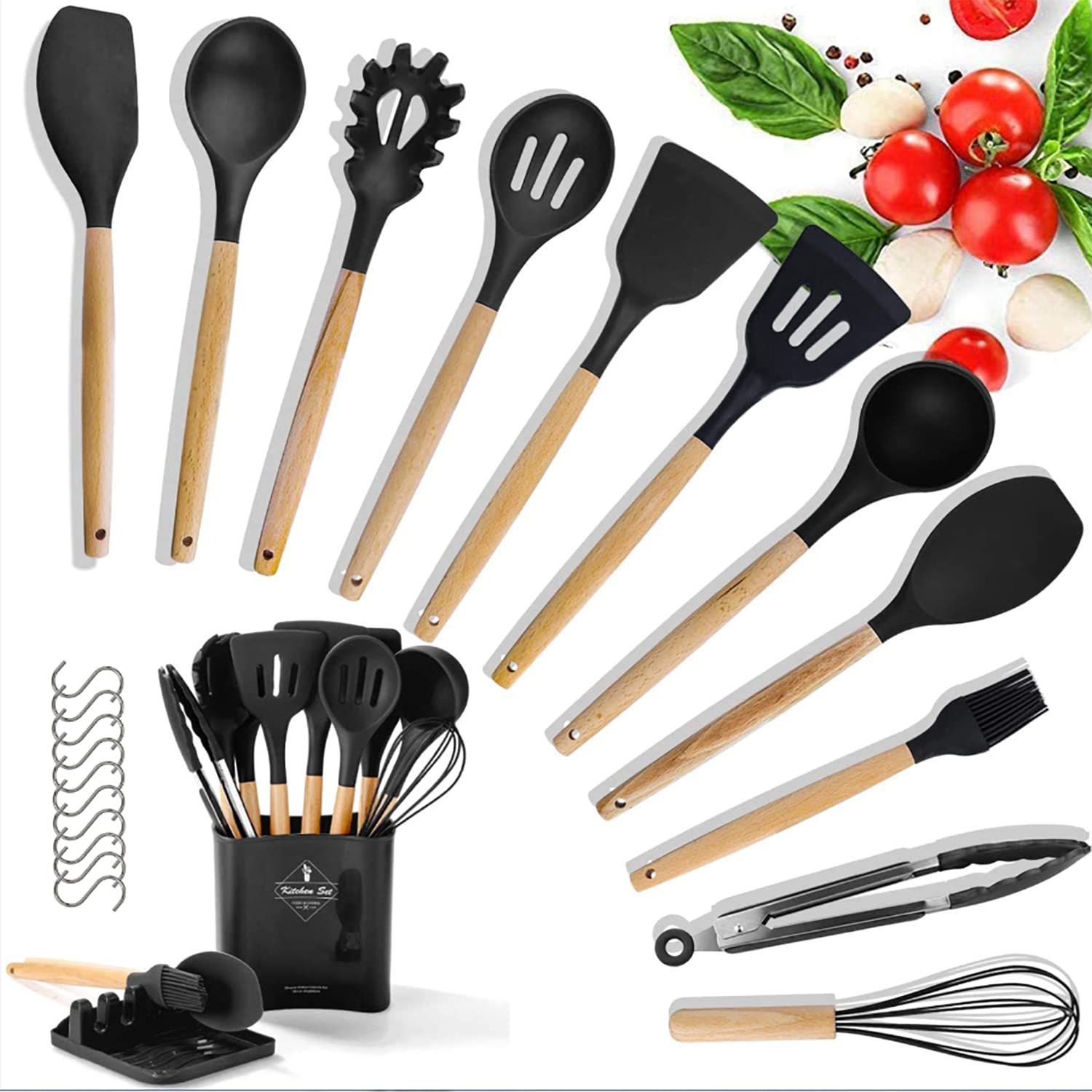Arabest Silicone Wooden Handles Cooking Utensil Set,13pcs Silicone Kitchen Utensil Set With 10 Hooks for Nonstick Cookware,Non Toxic Heat Resistant Kitchen Tools With Storage Bucket And Lid Rest