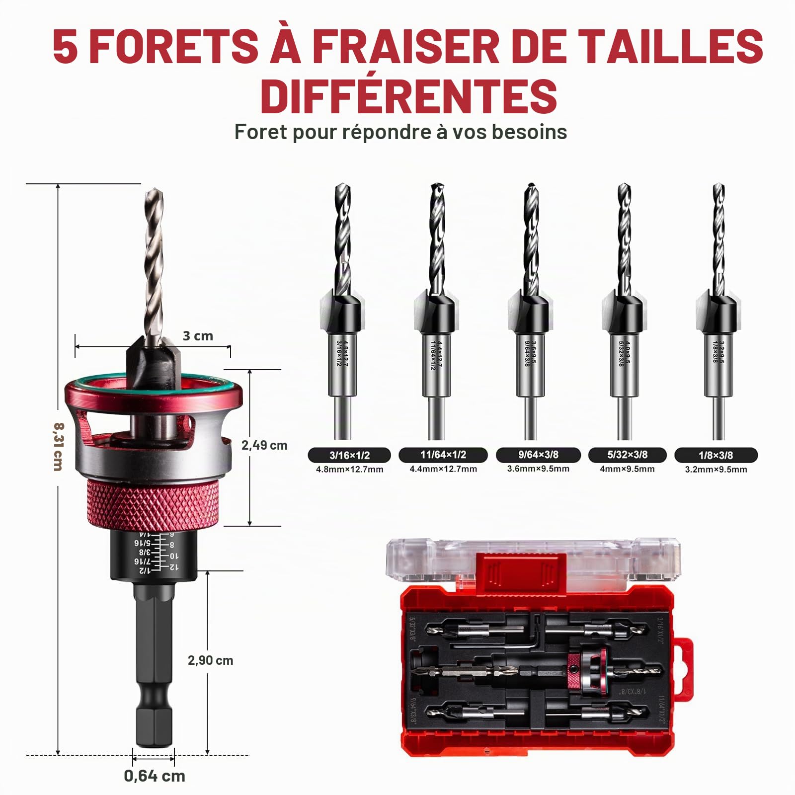 Lot de 5 forets à bois, fraisés avec butée de profondeur, foret à bois avec tige hexagonale 1/4", en HSS-M2, trous précis, comprend un embout de tournevis cruciforme, pour atelier, travail du bois