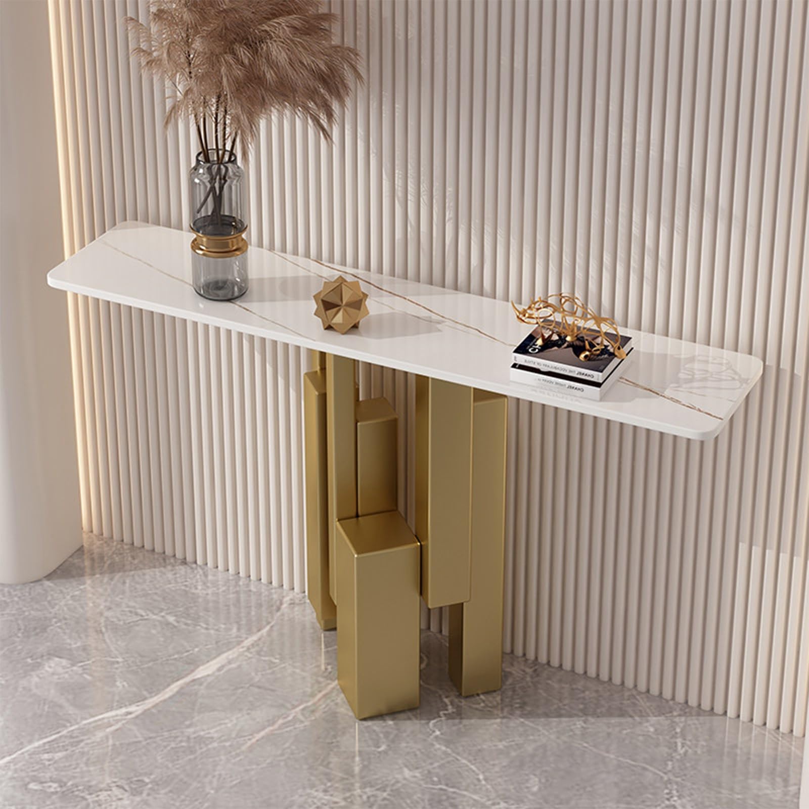 MESCXTY Sintered Stone Console Table, Decorative Entryway Sofa Table with Staggered Column Metal Frame Contemporary,Creative Alloy Leg,for Living Room, Hallway, Foyer(White+Gold,59in)