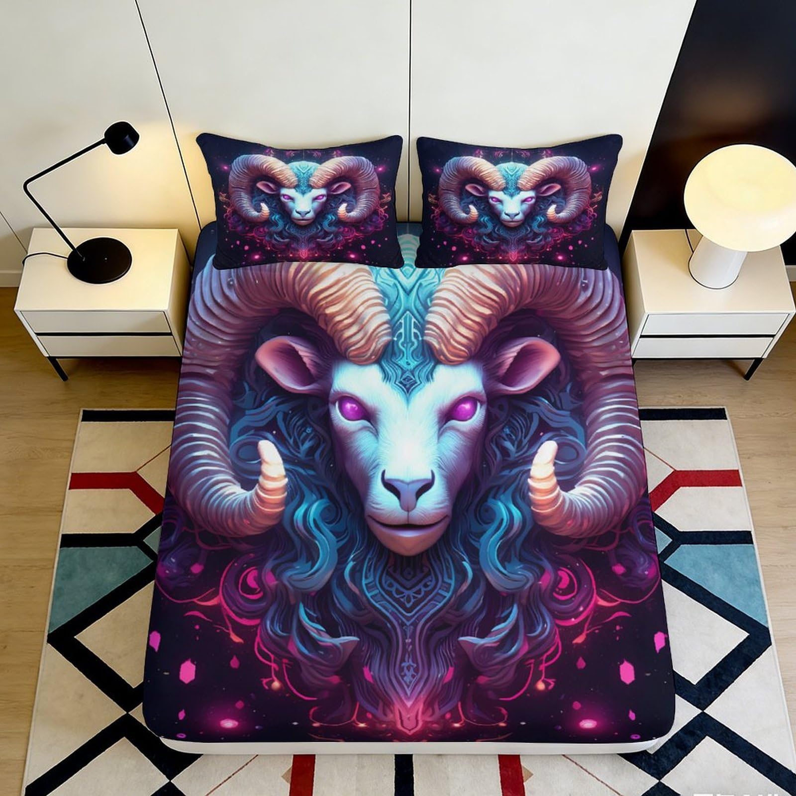 3D Printed Mystic Ram Fitted Sheet Microfiber Soft Anti-Slip Abstract Fantasy Mattress Cover for Bedroom Dorm Decor 90x200x25cm