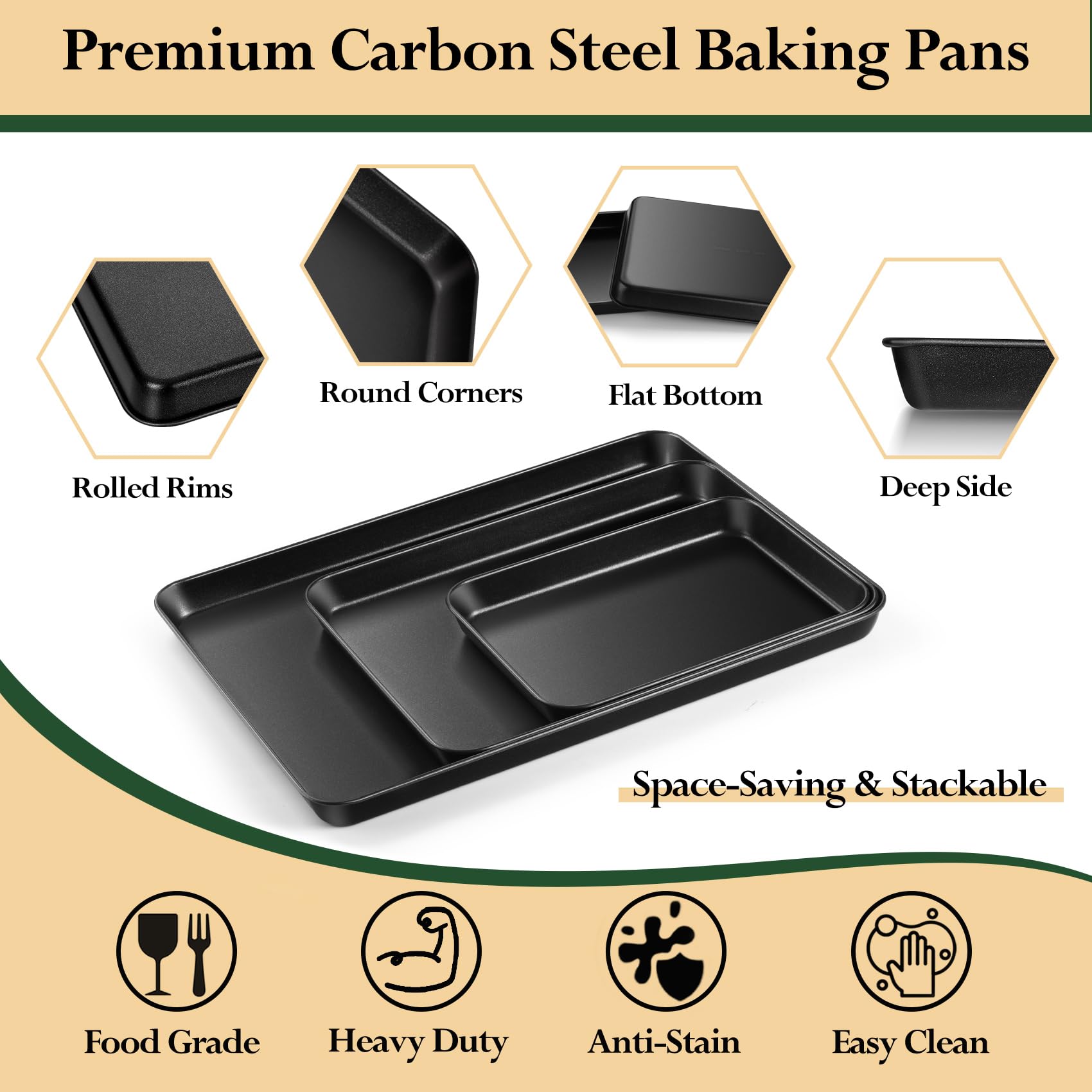Homikit Non-Stick Baking Trays, Homikit Carbon Steel Sheet Pan Set Of 3, Professional Oven Tins for Baking… - Image 3