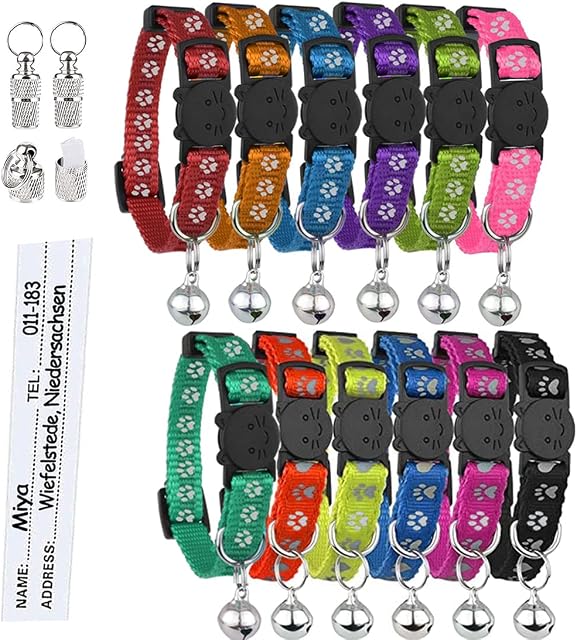 12 Pack Cat Collar,Cat Collars with Bells and Safety Quick Release Buckle,Adjustable 19-32cm,Suitable for Most Domestic Cats with 2 Pack Anti-lost Tags
