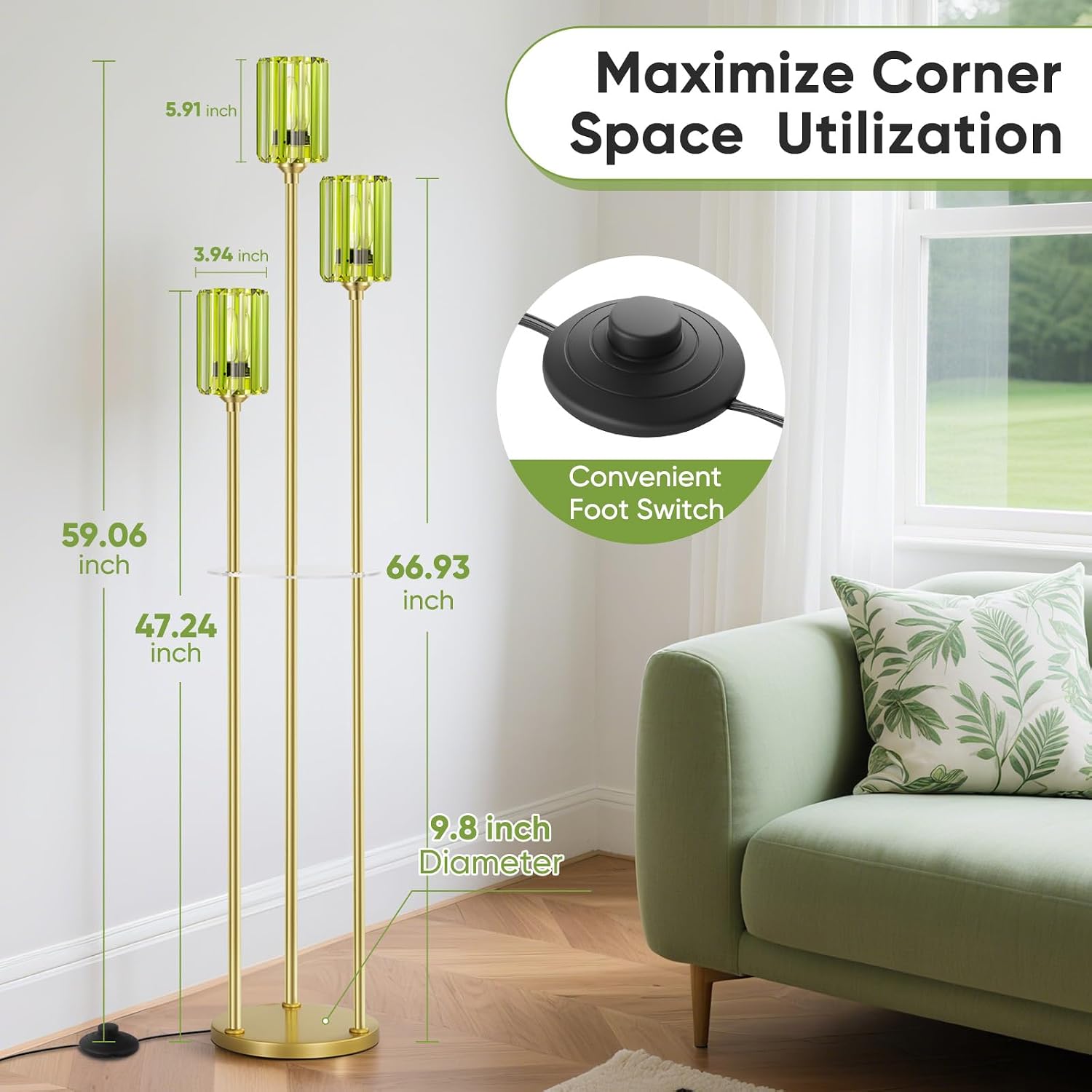 Gold Floor Lamps for Living Room, Modern Floor Lamp with Shelves, Mid Century Crystal Standing Lamps with Table, Brass Tall Lamp with Crystal Shade Vintage Retro Corner Floor Lamp for Bedroom, Green