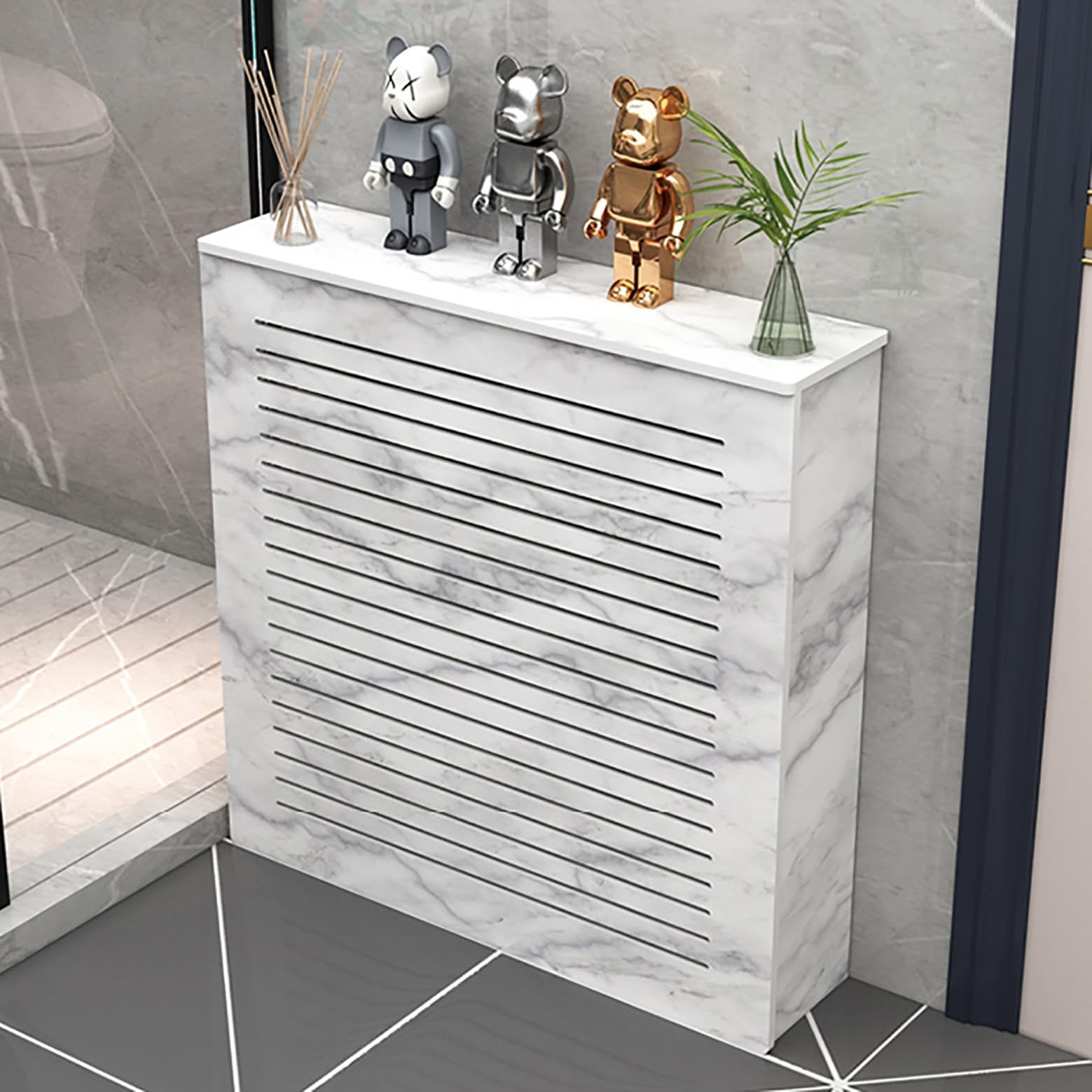Cache-radiateur blanc pour salon et bureau avec grille horizontale