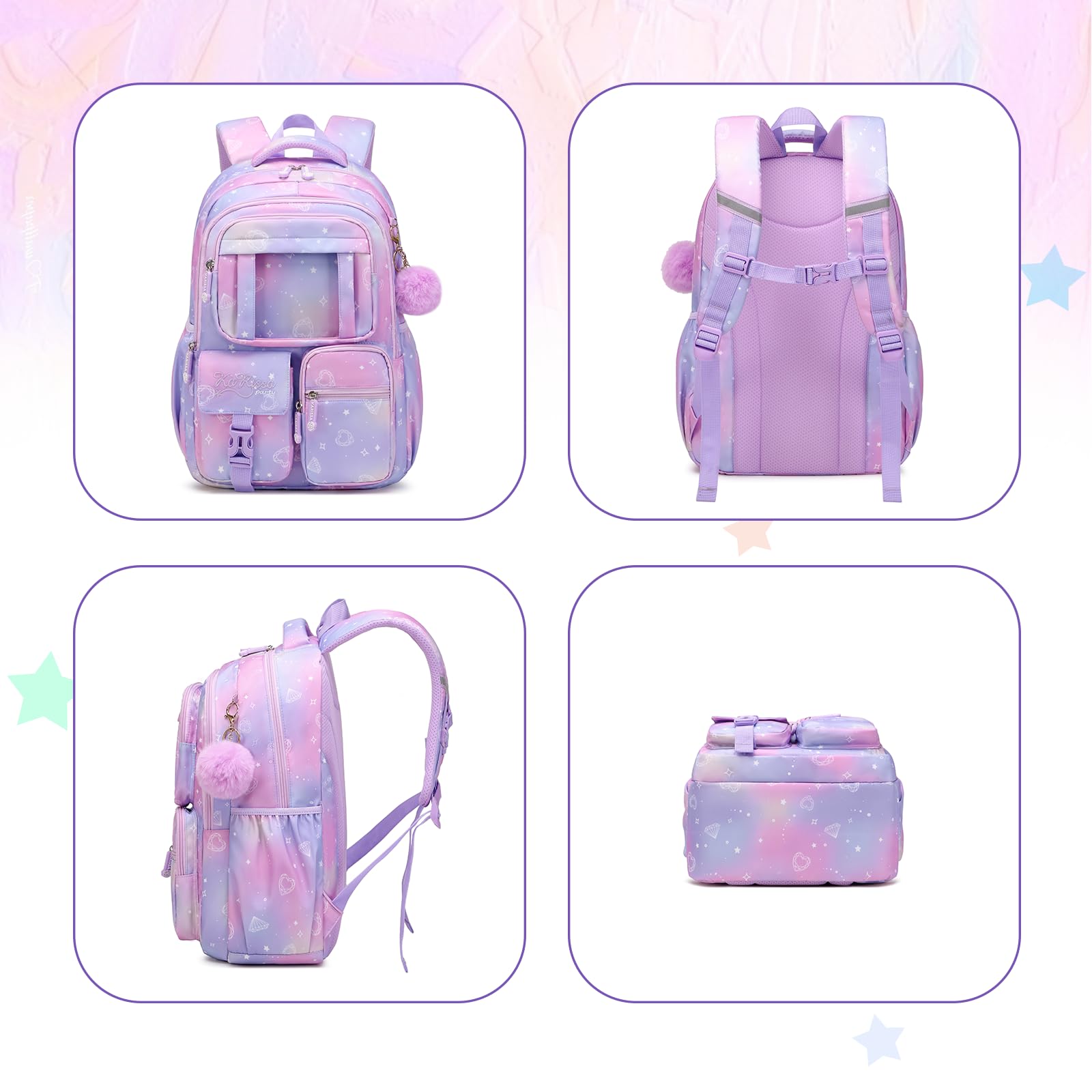 Sisipoet Cartable Fille Primaire, Cartable Scolaire, Sac à Dos Léger avec Plusieurs Compartiments, Respirant et Confortable, Sac à Dos Enfant 9-16 Ans du CP à la 6ème pour l’École et les Voyages