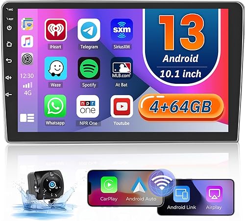 Hikity 4+64 GB Android coche estéreo doble DIN 10.1 pulgadas pantalla táctil, Carplay Android Auto Radio con navegación GPSespejo