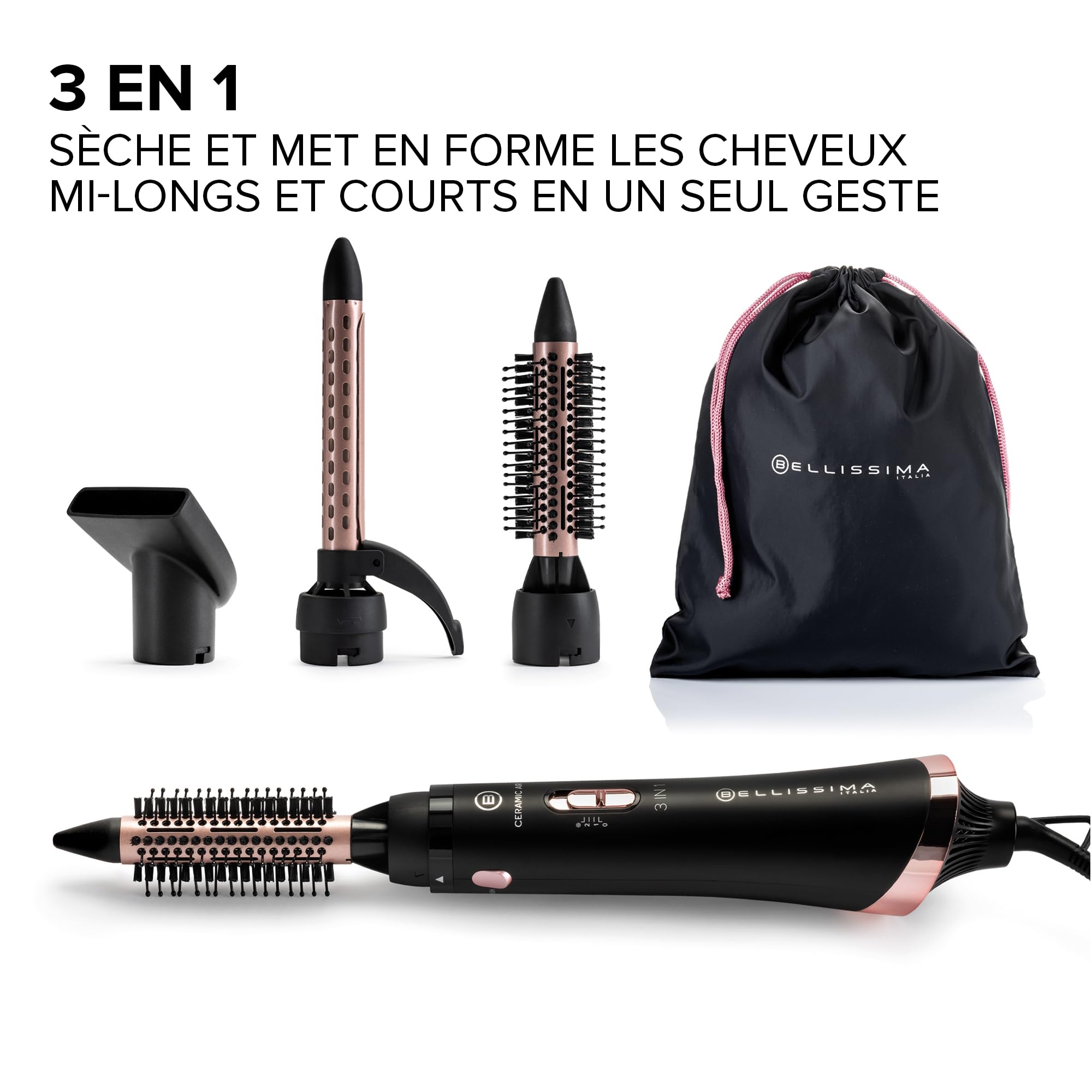 Bellissima Ceramic Air - Brosse Soufflante 3-en-1, Revêtement Céramique - Pour Cheveux Court et Mi-long - Séchage, Lissage et Brushing, 3 Accessoires Brosse à Air Chaud - 800W - Injection Air Froid