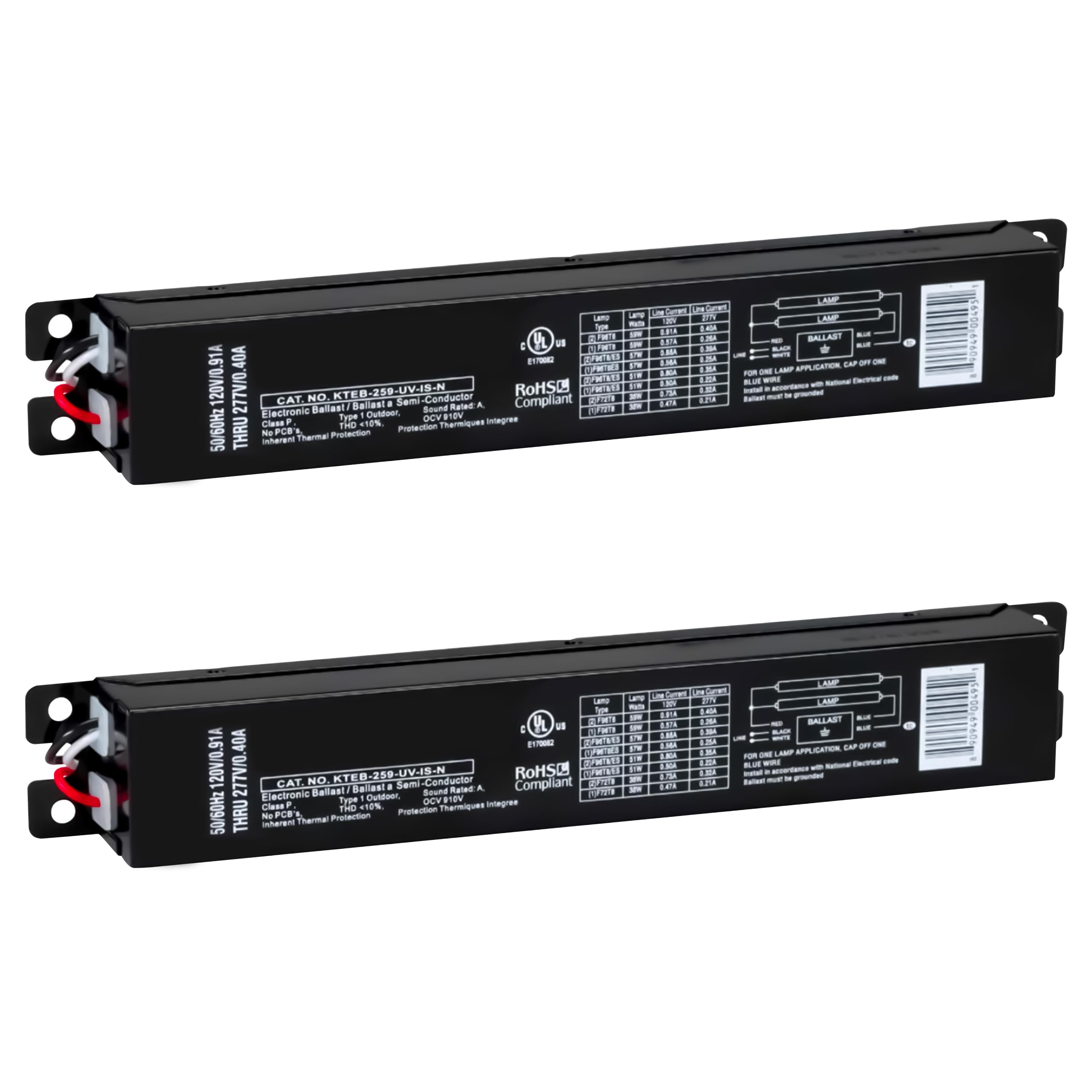 Replacement for Keystone KTEB-259-UV-IS-N 2 Lamp T8 Electronic Fluorescent Ballast with Normal Light Output | 120-277V Input with Instant Start Operation | 0.88 Ballast Factor, UL-Approved