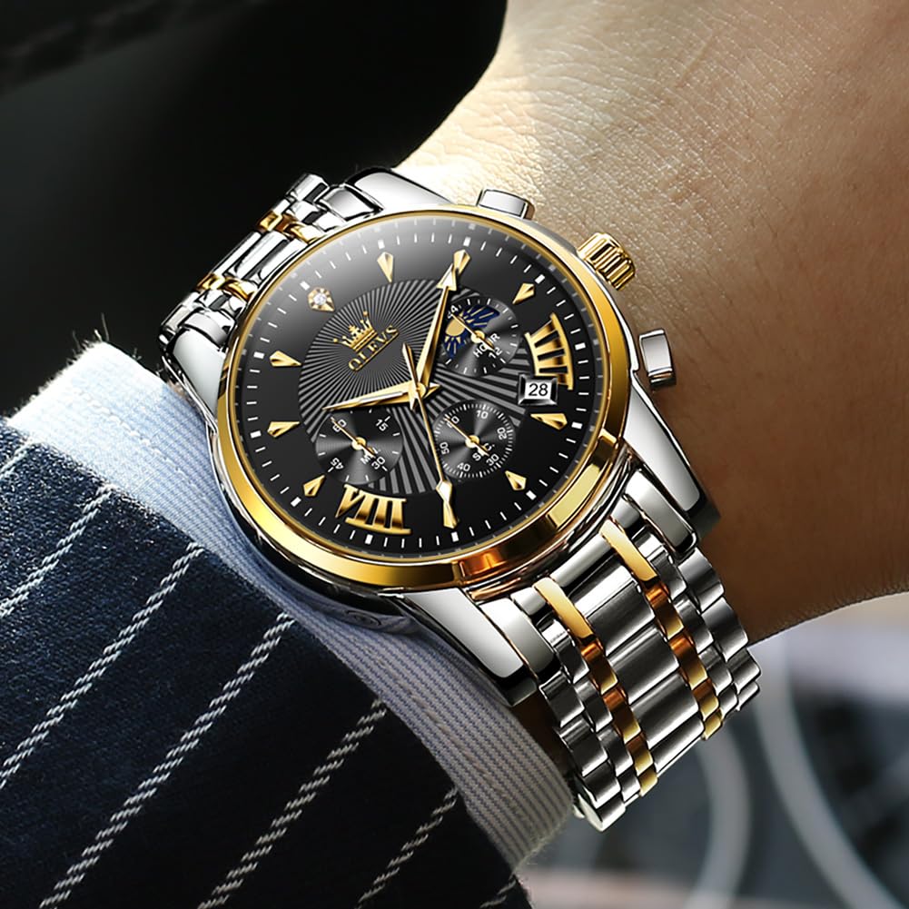OLEVS Watches for Men Luxury Analog Quartz Big Face Stainless Steel Multifunctional Waterproof Date Two Tone Fashion Dress Wrist Watches for Man