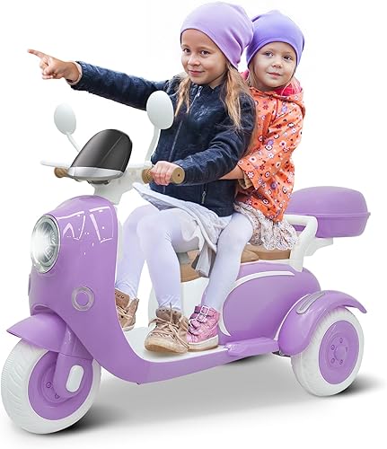 Motocicleta de 12 V y 2 plazas para niños, scooter eléctrico con control remoto, caja de almacenamiento, música, luz LED, bocina, motor de 2 x 50 W,