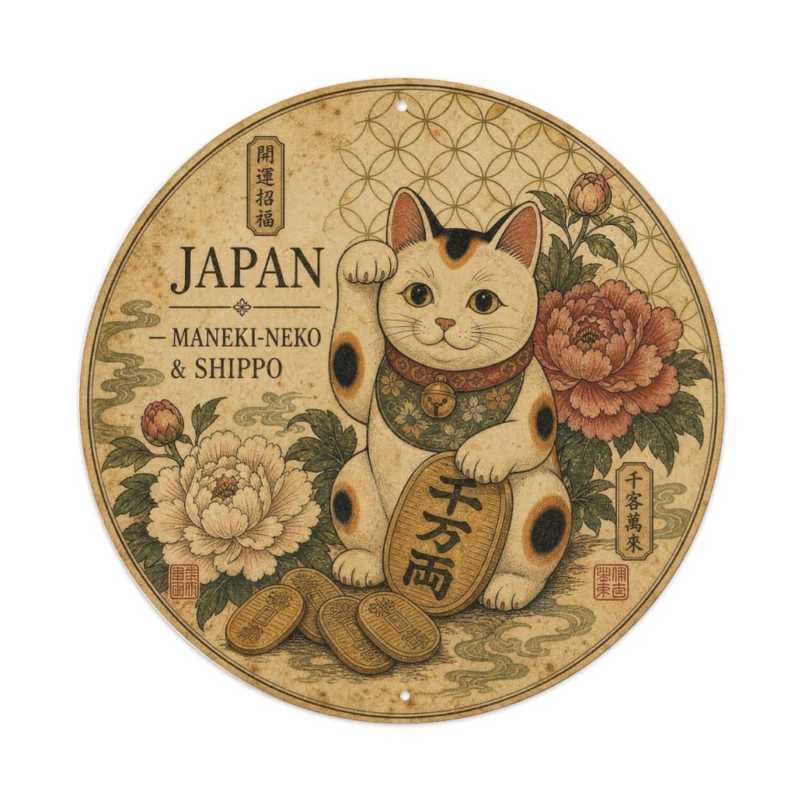 Olyhtr 8X8inch Classic Style Meiji Japan Maneki Neko Shippo Ceramic Folk Metal Tin Sign