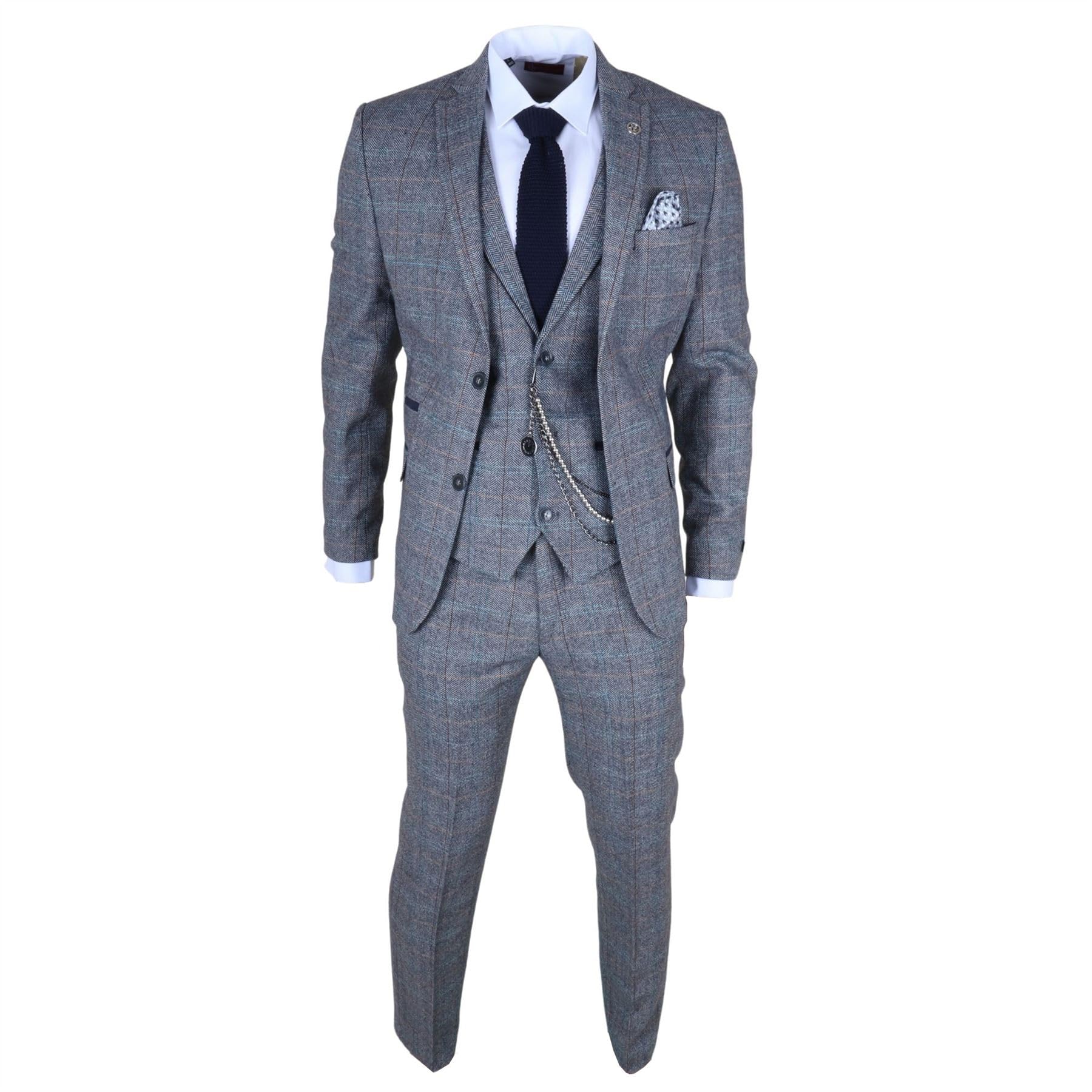 Men's 3 Piece Suit Wool Tweed Herringbone Light Blue Grey Check 1920s Gatsby Formal Dress Suits - Blue 48
