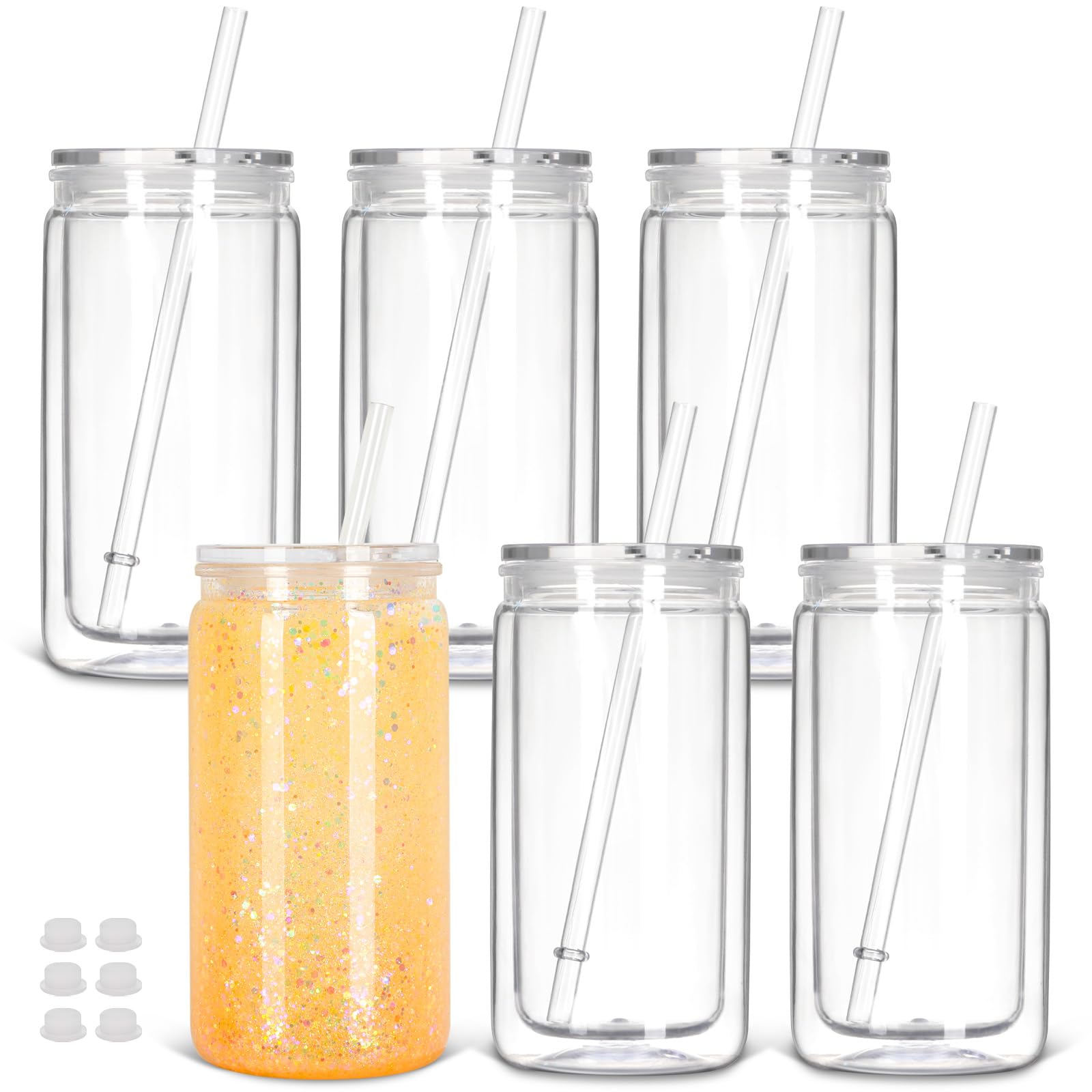 Lot de 6 gobelets en plastique pré-percés à double paroi avec couvercle et paille - 473 ml - Pour boule à neige à paillettes - Cadeau de bricolage (transparent)