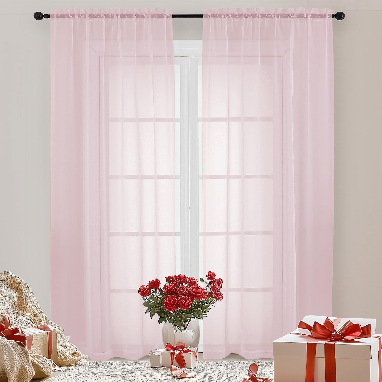 OWEINE Sheer Curtains 84 Inches Long 2 Panels Set, Rod Pocket Fimly Voile Solid Blush Window Curtain Panels for Living Room Bedroom, Soft Voile Sheer Curtains &amp; Drapes, Total 84 Inches Width