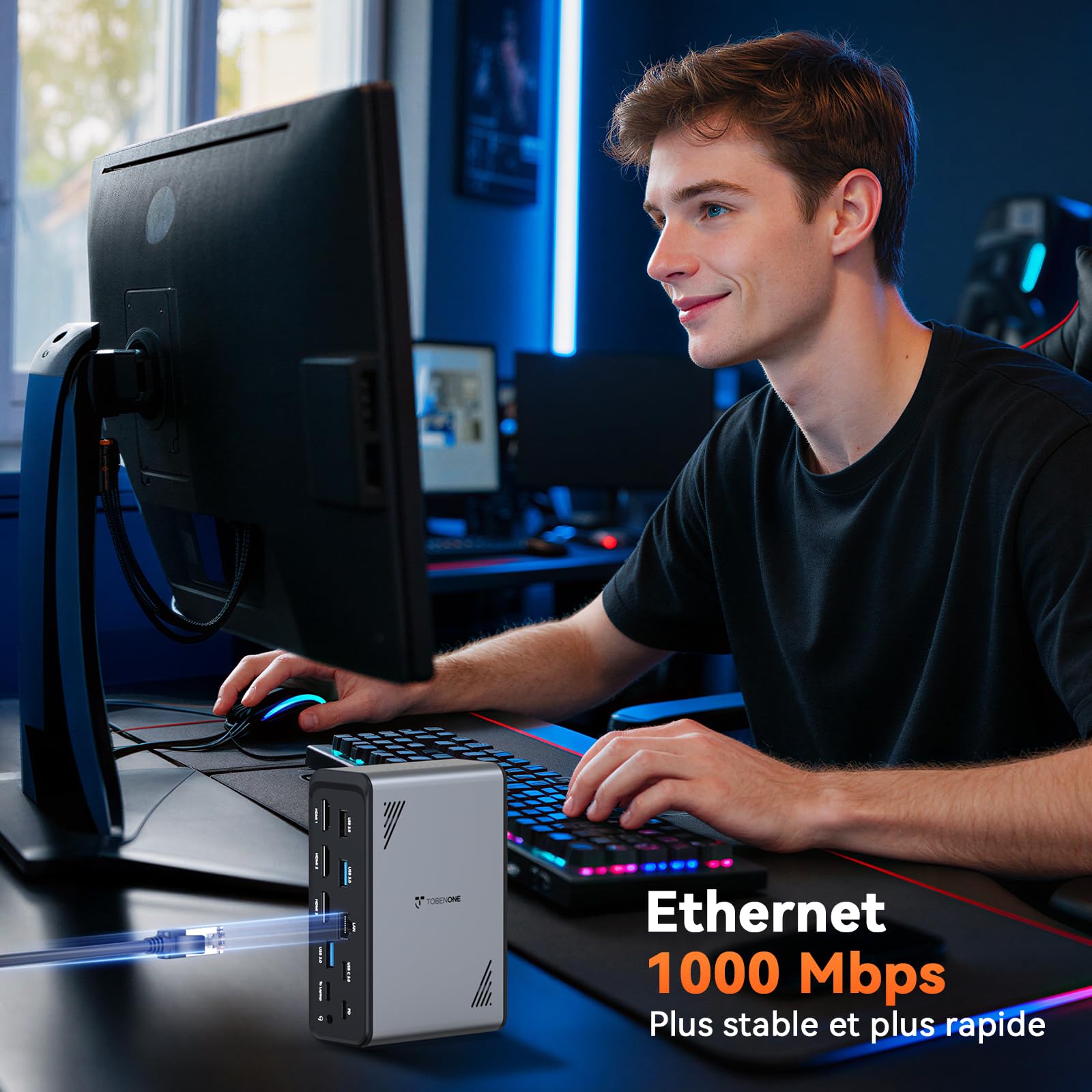 TobenONE Station d'accueil pour ordinateur portable 18 en 1 avec 3 moniteurs, triple écran 4K, 3 ports HDMI, 9 ports USB, Gigabit Ethernet, PD3.0, pour ordinateurs portables Windows/Dell/Lenovo/HP