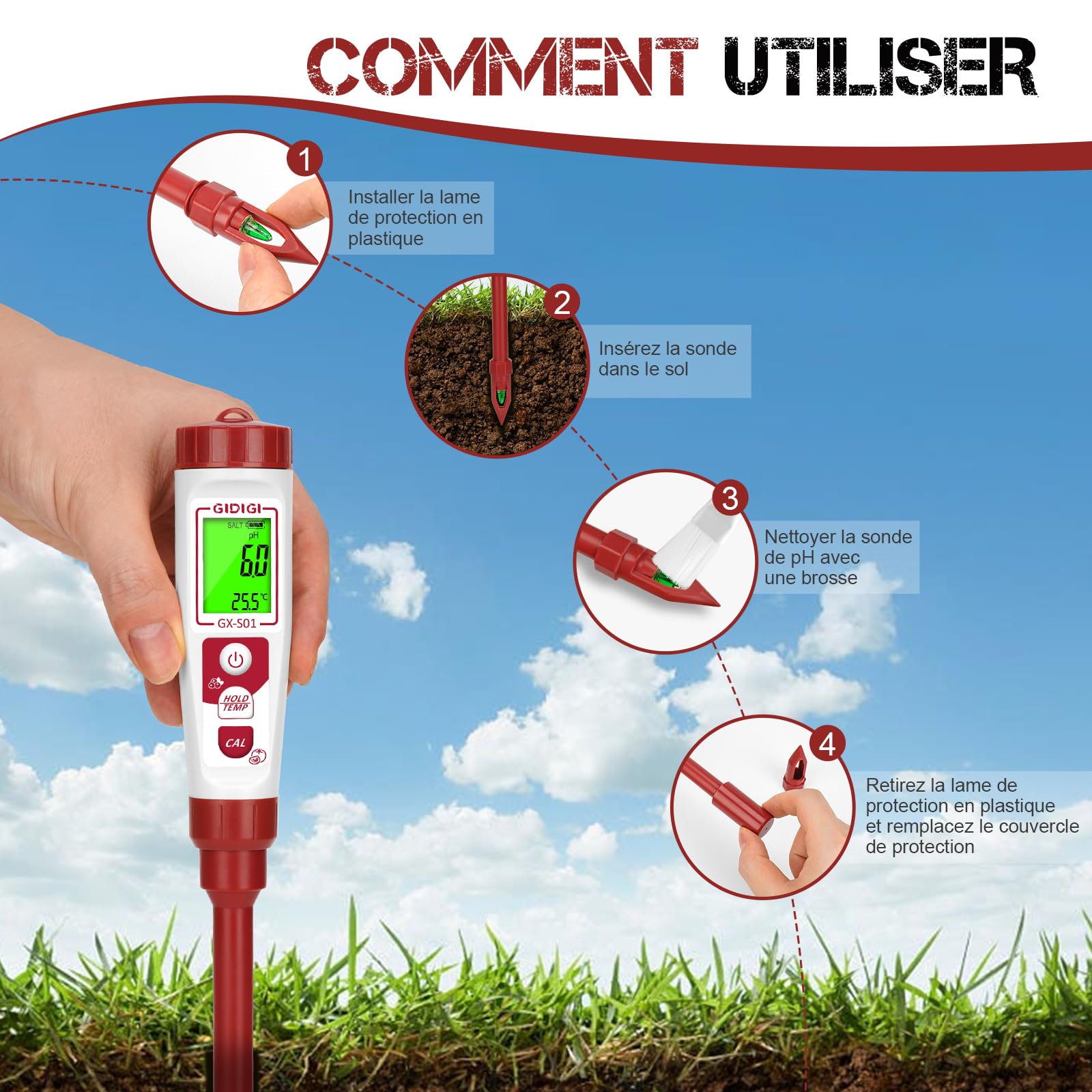 Testeur de pH pour sol numérique, testeur de pH pour sol pour plantes en pot, kit de test de pH électronique pour jardin, pelouse, intérieur et extérieur, serre, agriculture, utilisation dans la cour