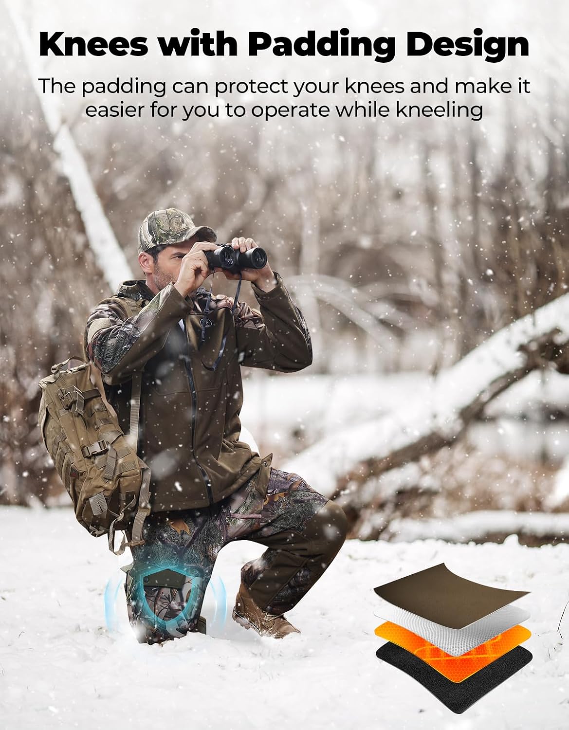 KEMIMOTO Heated Hunting Gloves Camo, Flip Fingerless Mittens for Men Women with Heated Pants for Men with Battery Pack, Winter Waterproof Pants Padded Knees Design for Hunting Hiking and Camping