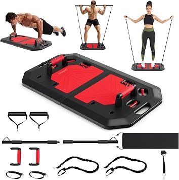 GYMAX Portable Home Gym Equipment, Foldable Push Up Board with Resistance Bands, Handles, Pilates Bar and Ankle Straps, Full Body Workout Strength Training System for Men & Women, Black + Red