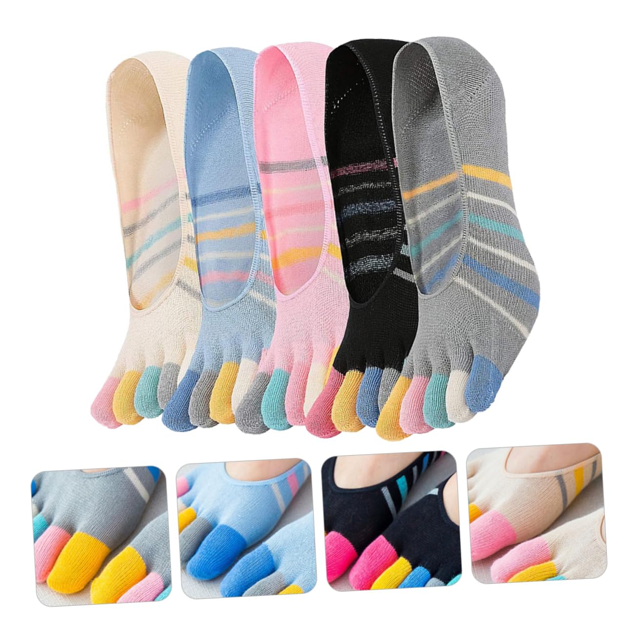 VALICLUD 5 pares Calcetines Invisibles de Mujer Cinco Dedos Algodón Transpirable Diseño Rayas Paquete para Yoga y Diario