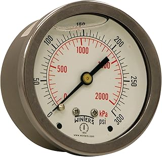 Winters PFQ Series Stainless Steel 304 Dual Scale Liquid Filled Pressure Gauge with Brass Internals, 0-300 psi/kpa,2-1/2" Dial Display, -1.5% Accuracy, 1/4" NPT Center Back Mount