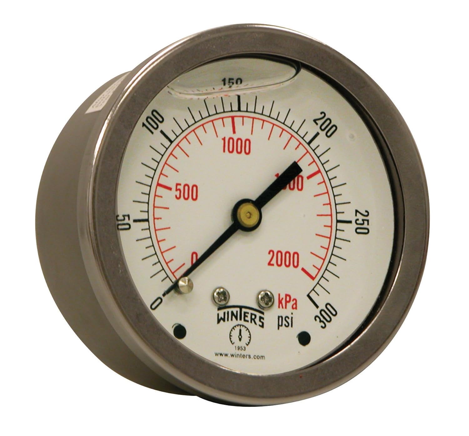 Winters 2-1/2" Dial Size, Liquid Filled Industrial Pressure Gauge, Brass Internals, 304 Stainless Steel Case, Dual Scale 0-160 psi/kPa, 1.5% Acc, 1/4" NPT Back Mount, Glycerin Filled Pressure Gauge