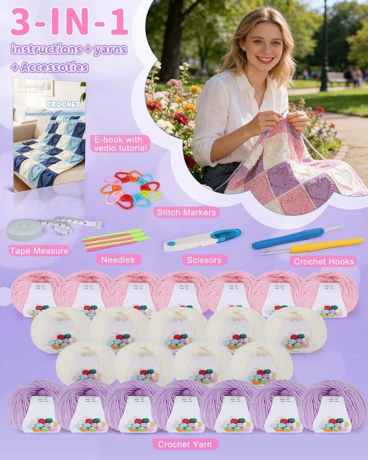 Coopay Häkeldecke Kit, Decke Häkelsets für Anfänger Erwachsene, Komplettes Starter-Häkelset mit Schritt-für-Schritt-Video & genug Garn, einfach zu häkeln 3D Love Granny Square Decke, Rosa-Lila