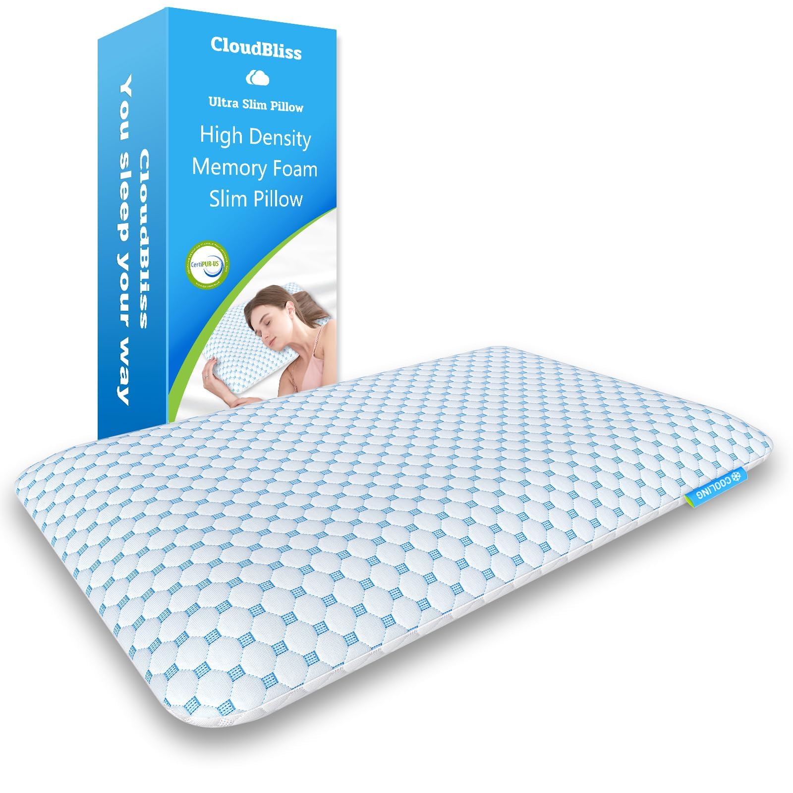 CloudBliss Cuscini rinfrescanti ultra sottili da 7 cm per lato | schiena | addormentati, cuscino piatto in memory foam, cuscini a basso profilo con comoda federa traspirante su entrambi i lati