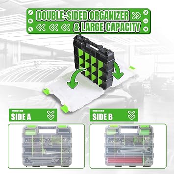 Jack Boss Tool Box with Transparent Lid, Double Side 34-Compartments Organizer Box with Removable Dividers for Hardware, Screws, Bolts, Nails, Beads, Jewelry and Fishing Accessories, Green, 4 Pack