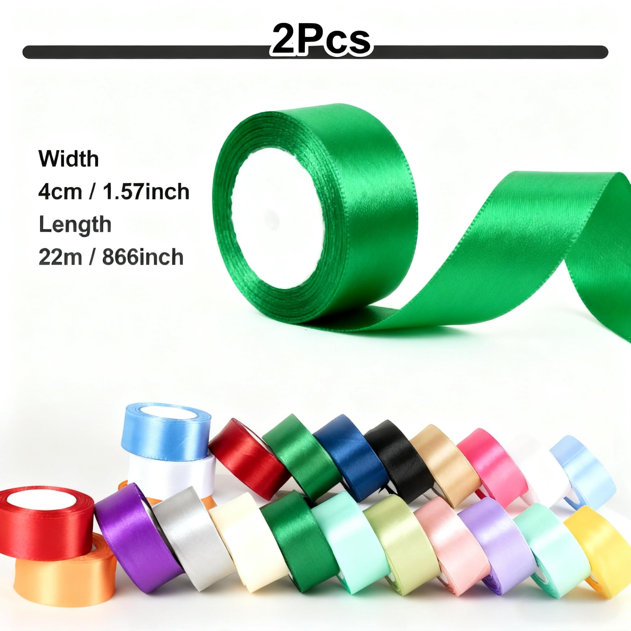 2 Rolls 40mm Green Satin Ribbon for Gift Wrapping 22m Thick Fabric Craft Ribbon for Balloons,Crafting,Hair,Bouquets,Wedding - Image 2