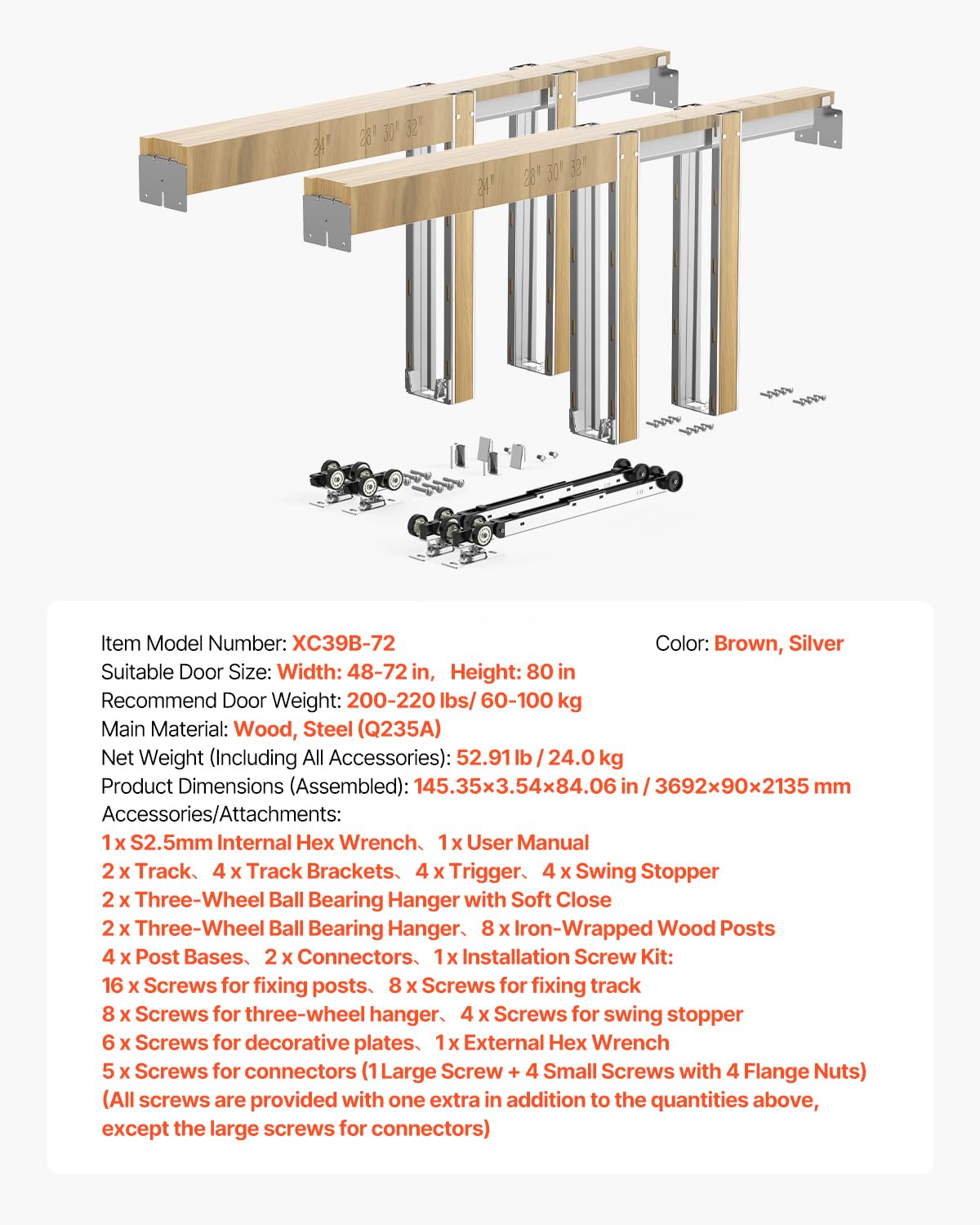 VEVOR Kit de Marco para Puerta Corrediza de Madera y Acero Galvanizado para Puertas de 1219-1829 mm de Ancho y 2032 mm de Alto con Mecanismo de Cierre suave Bidireccional para Sala de Estar, Oficina