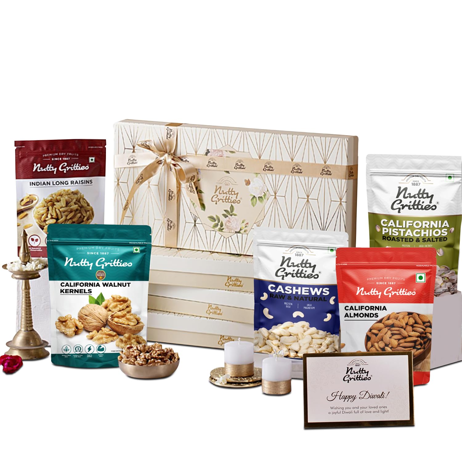 Nutty Gritties Platinum Hamper Premium Dry Fruits Gift Box 1kg | Candle Pack of 2 | California Almonds 200g, Cashews Nuts 200g, Indian Long Raisins 200g, Roasted Salted Pistachios 200g, California Walnut Kernels 200g | Healthy Gourmet Snacks I Gift f (B08M6D5DDQ) Amazon Price History, Amazon Price Tracker