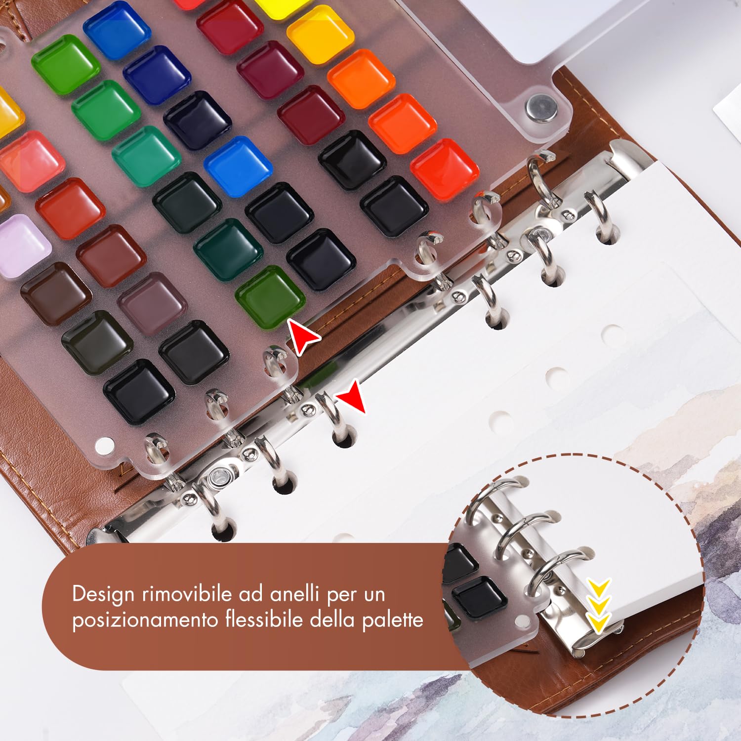 Kit Acquerelli da Viaggio con Sketchbook - 36 Colori, Tavolozza e Pennello da Viaggio, 20 Fogli in Carta 100% Cotone 300 g/m², Copertina in Pelle Vegana, ideale per Urban Sketching, Pittura all'Aperto