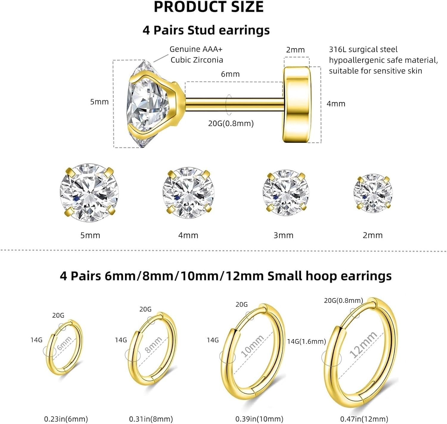 8 Pairs Stud Earrings for Women, Surgical Steel Earrings Set Lightweight and Trendy 316L CZ Cartilage Earlobes Hypoallergenic - Image 2