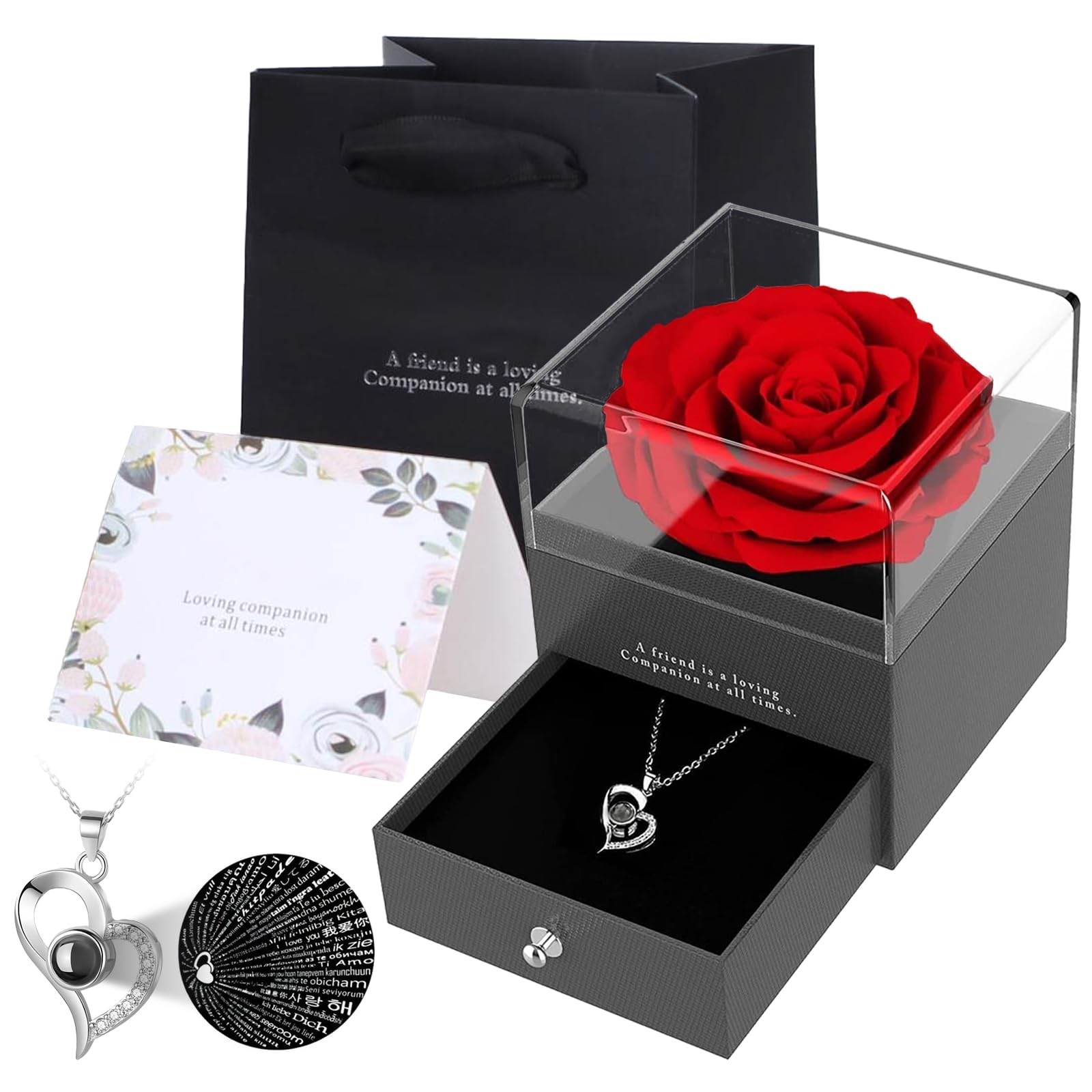 Zynxel Rosa Eterna, Regalos originales para mujer - Día de la Madre, San Valentín, Caja con Flores Estabilizadas, Collar Corazón de Perno, Regalo para Aniversario, Fiestas y Ocasiones Especiales