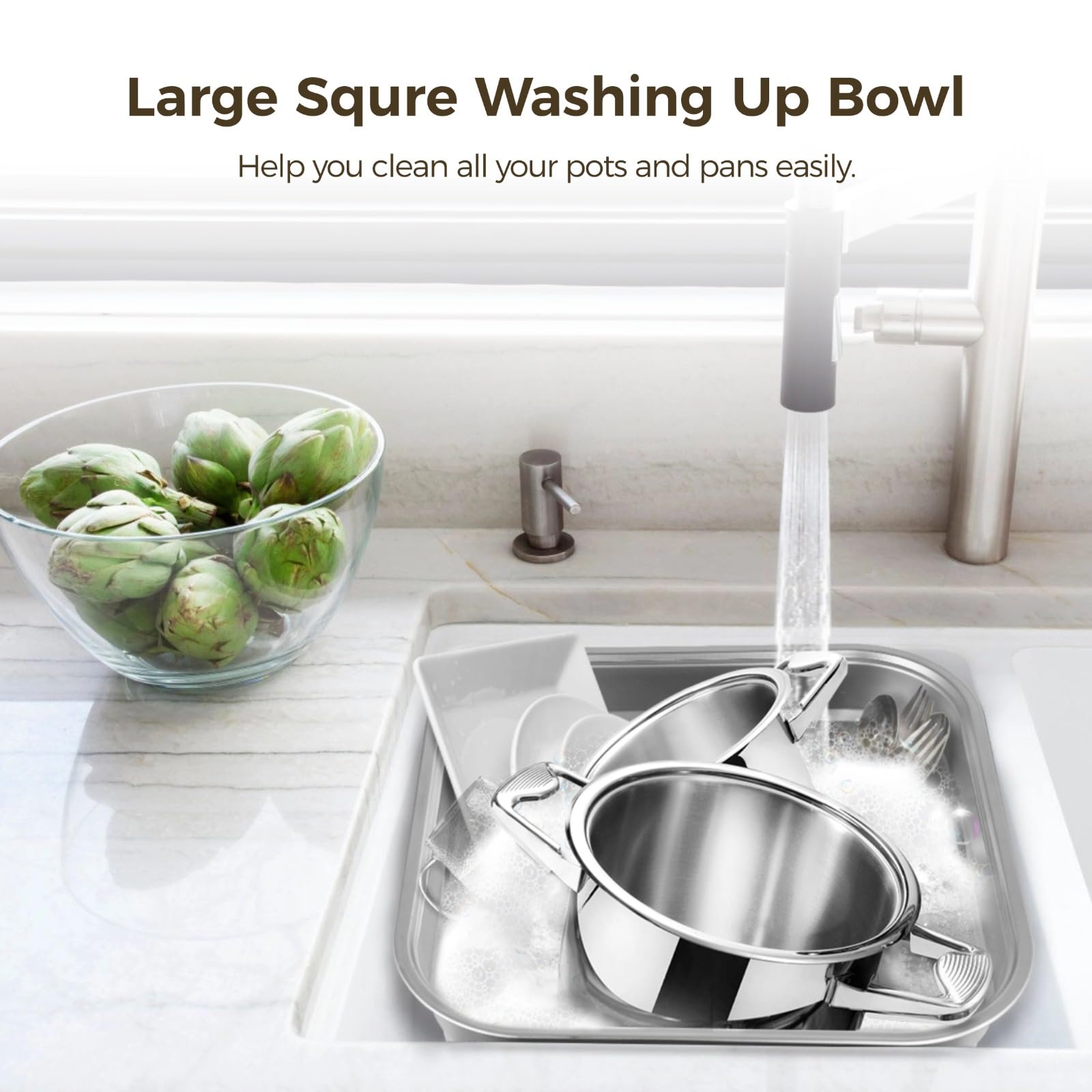 yeesport Lavabo in acciaio inossidabile, versatile bacinella per lavello da cucina, grande contenitore quadrato per la pulizia delle verdure, robusta padella per uso domestico