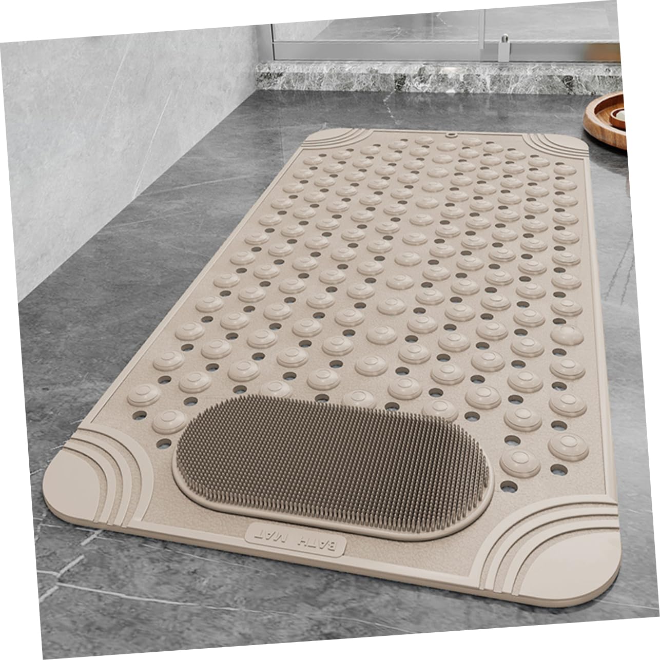 Happyyami Alfombrilla para Fregar Pies de Ducha Antideslizante de PVC con Ventosas y Diseño de Masaje para Baño y Ducha Beige