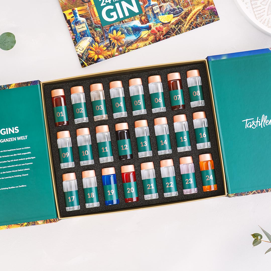 Gin Adventskalender 2025-24 außergewöhnliche Gin Minis mit je 30 ml Inhalt - Premium Gins aus aller Welt inkl. Blind Tasting, hochwertiges Booklet und Video Tasting