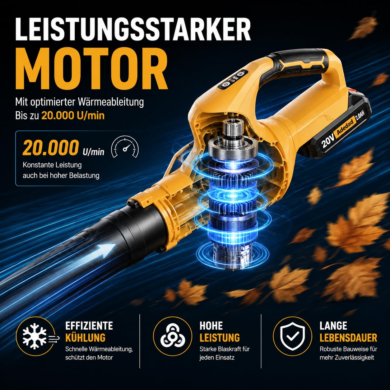 Akku-Laubbläser mit 2 Akkus und Ladegerät, Leicht, 2 Stufen | 240 km/h Luftgeschwindigkeit für schnelles Entfernen von Laub und Schmutz