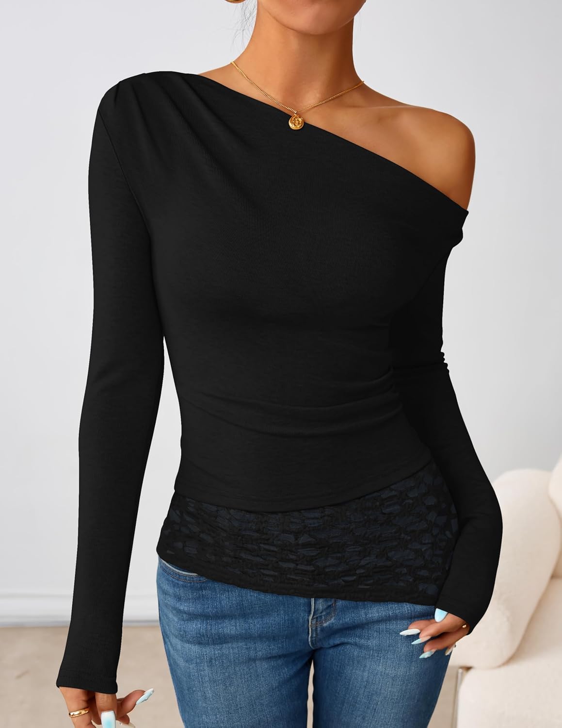 ZESICA Women's Long Sleeve Off Shoulder Tops Fall 2026 Casual Boat Neck Lace Slim Fit Going Out Y2k Shirts Blouses - Image 4